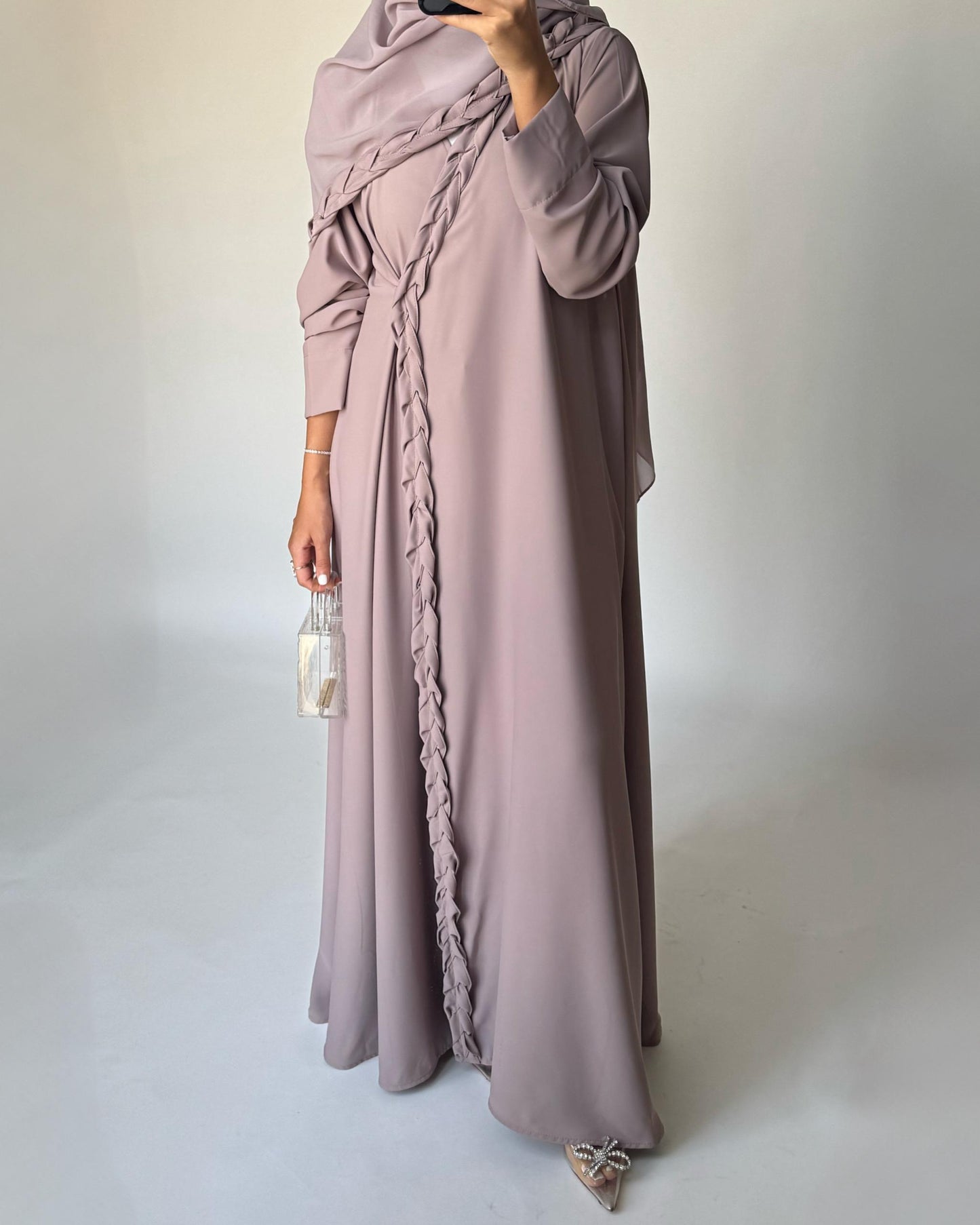 A462 - Taupe Braided Crepe Abaya with Matching Head Scarf