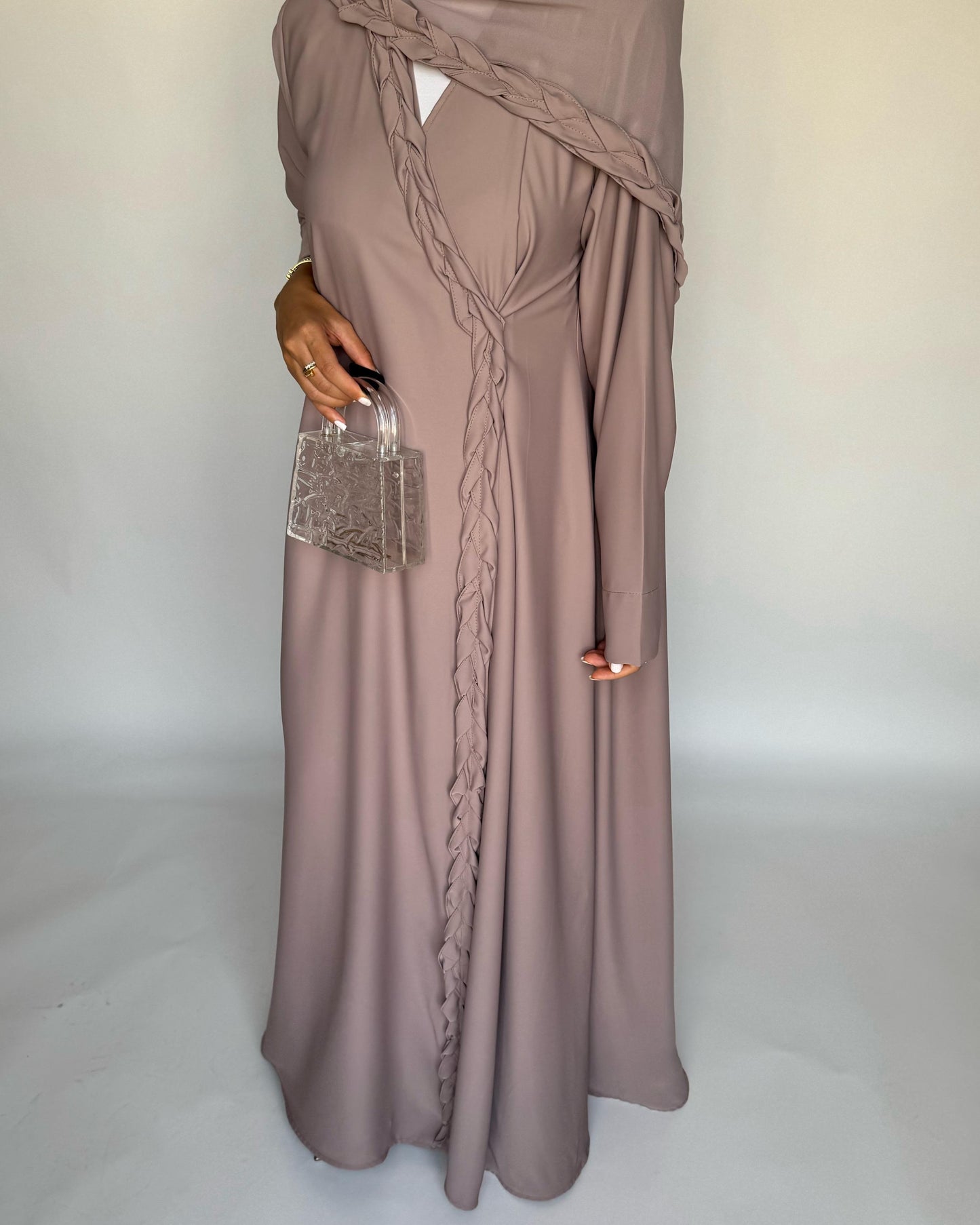 A462 - Taupe Braided Crepe Abaya with Matching Head Scarf