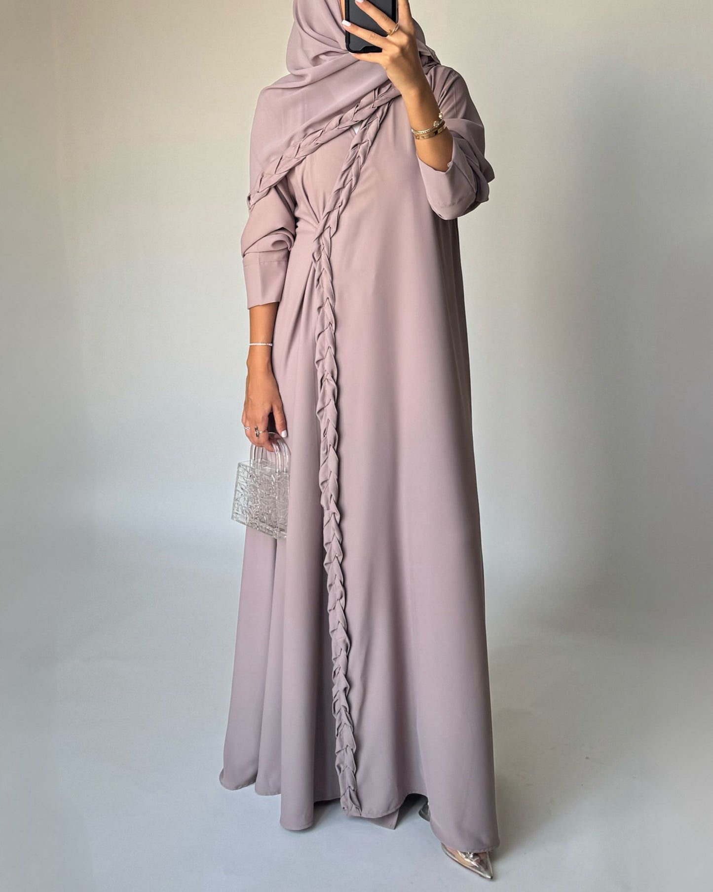 A462 - Taupe Braided Crepe Abaya with Matching Head Scarf