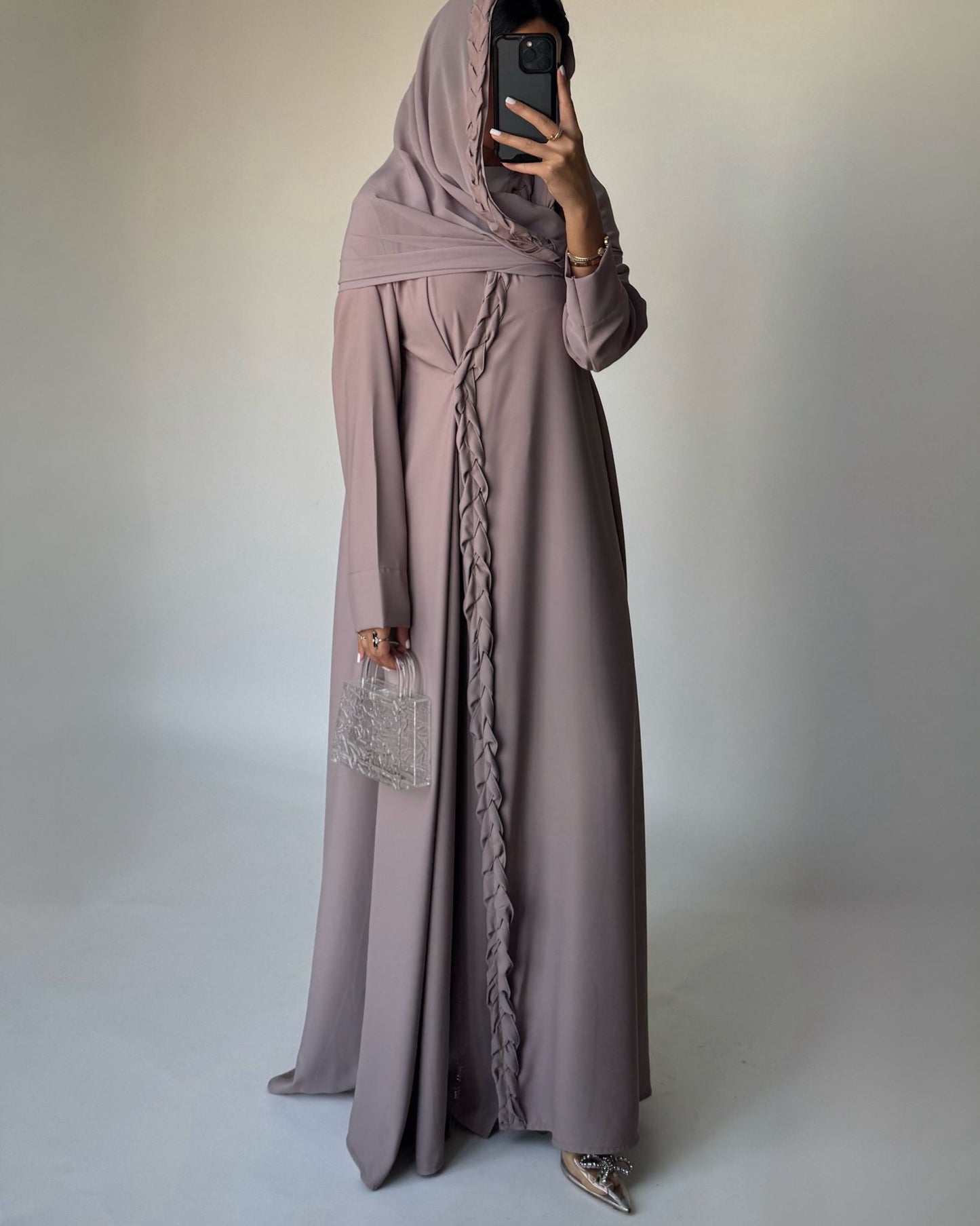 A462 - Taupe Braided Crepe Abaya with Matching Head Scarf