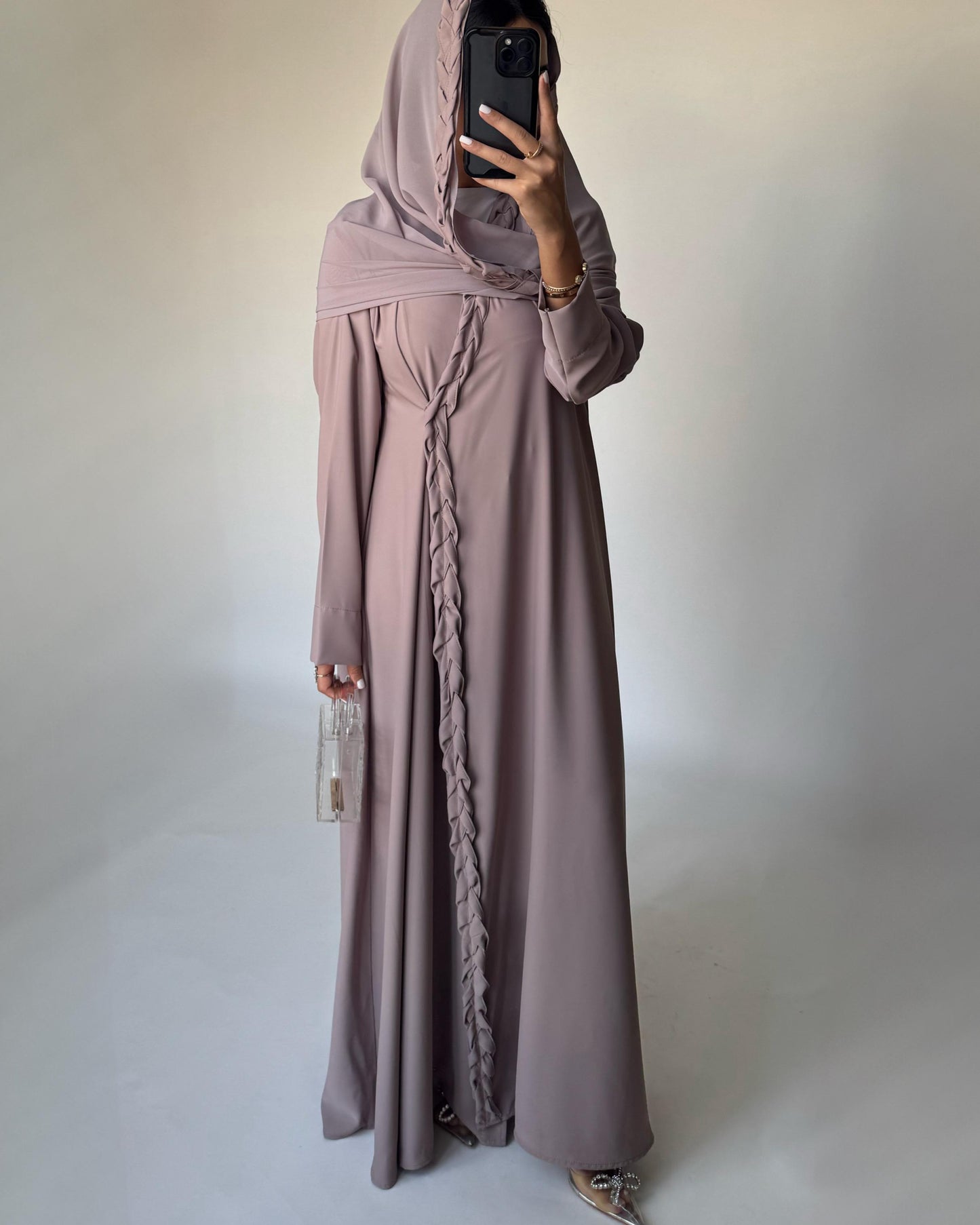 A462 - Taupe Braided Crepe Abaya with Matching Head Scarf