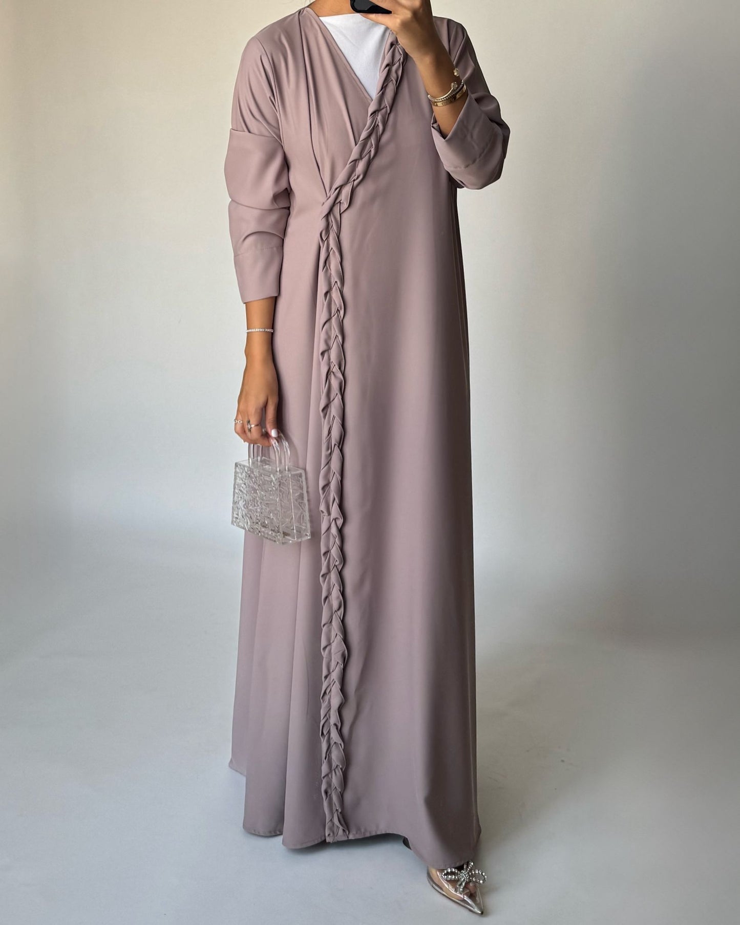 A462 - Taupe Braided Crepe Abaya with Matching Head Scarf