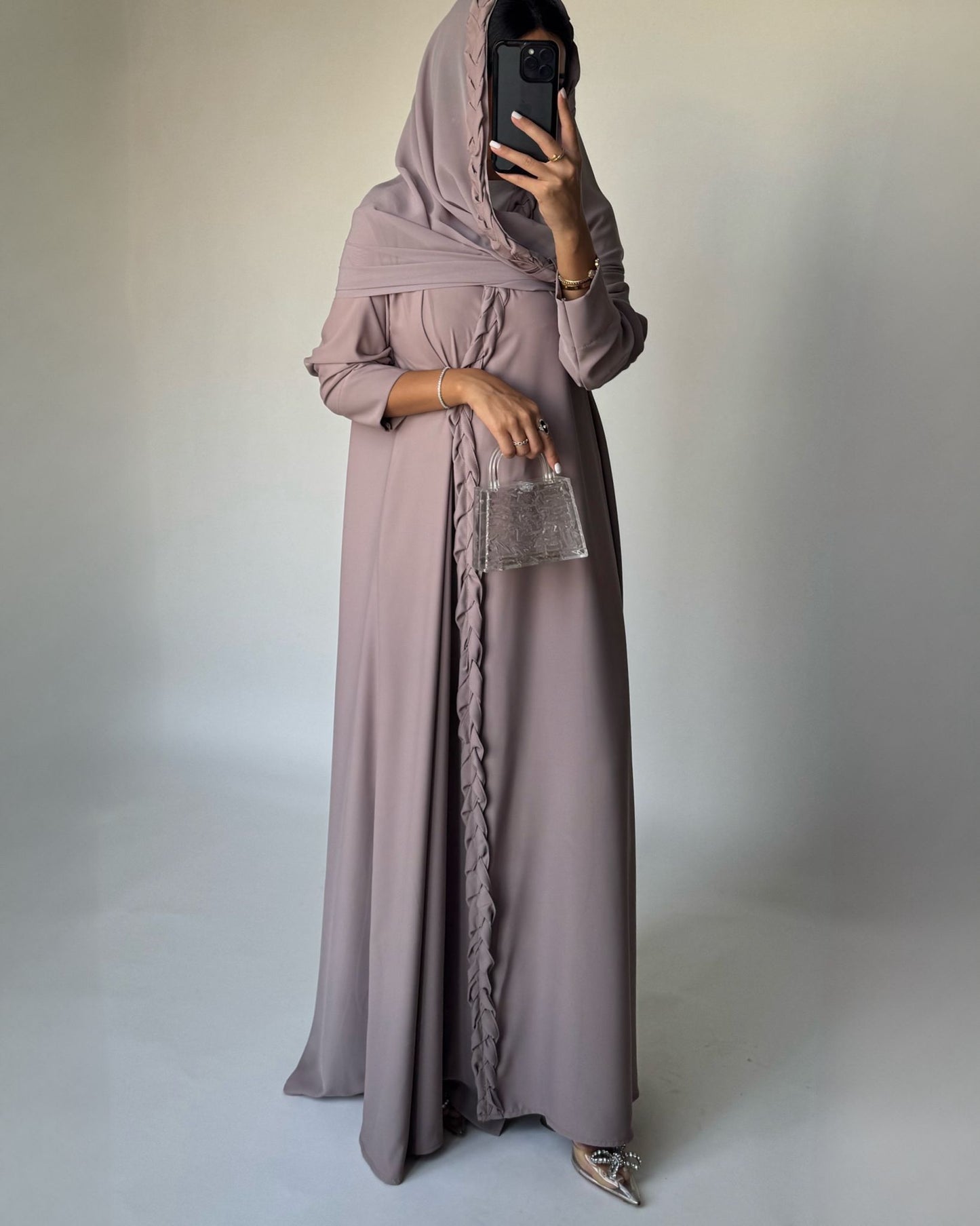 A462 - Taupe Braided Crepe Abaya with Matching Head Scarf
