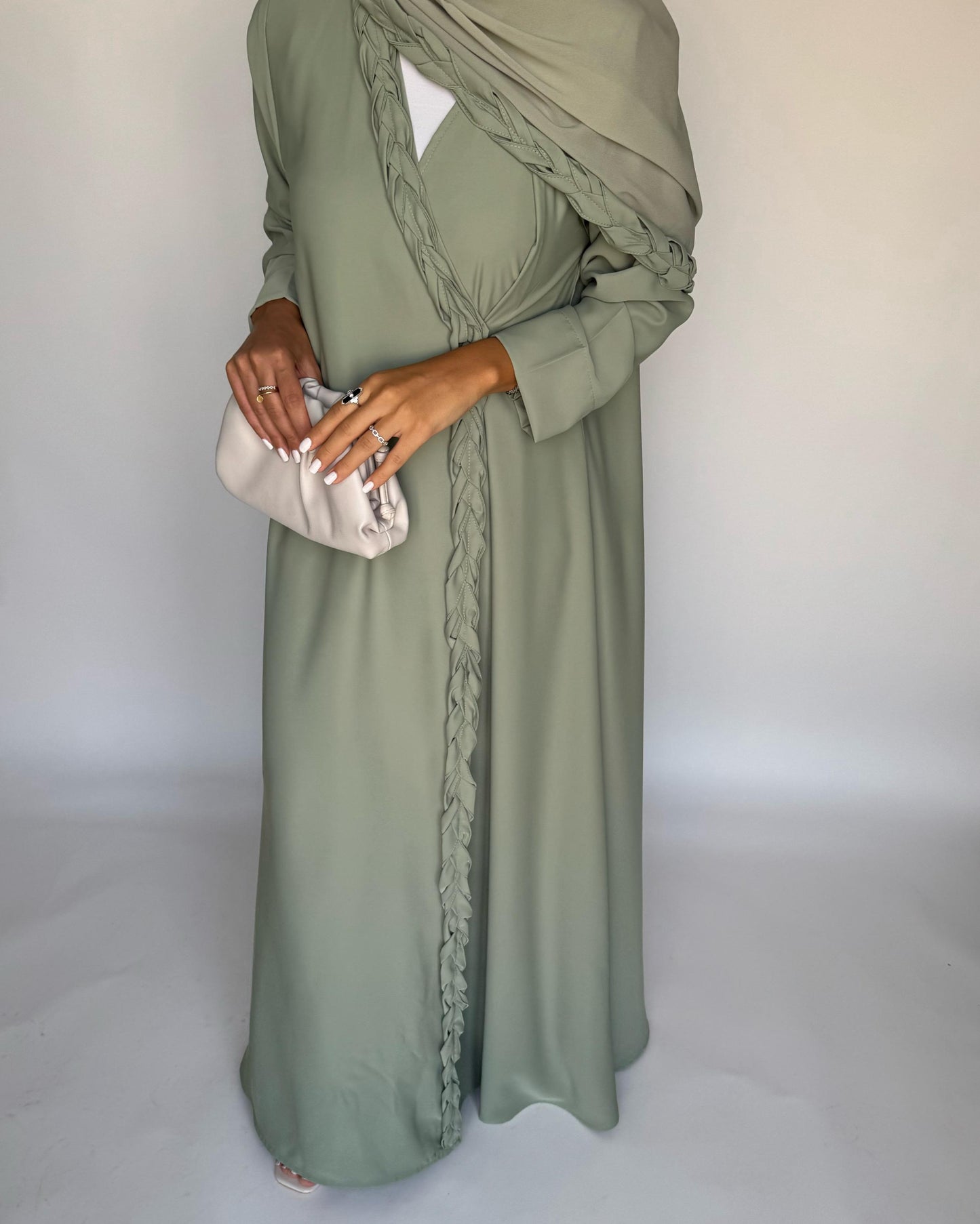 A461 - Light Green Braided Crepe Abaya with Matching Head Scarf