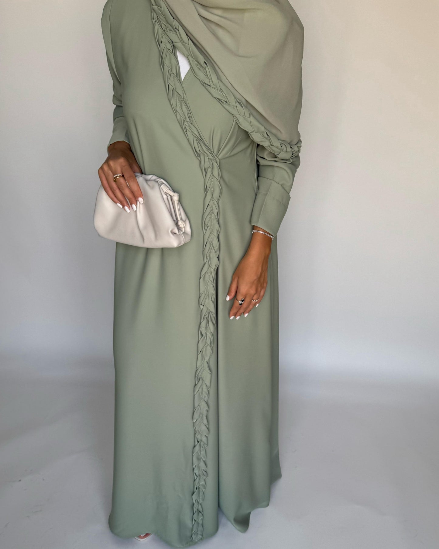A461 - Light Green Braided Crepe Abaya with Matching Head Scarf