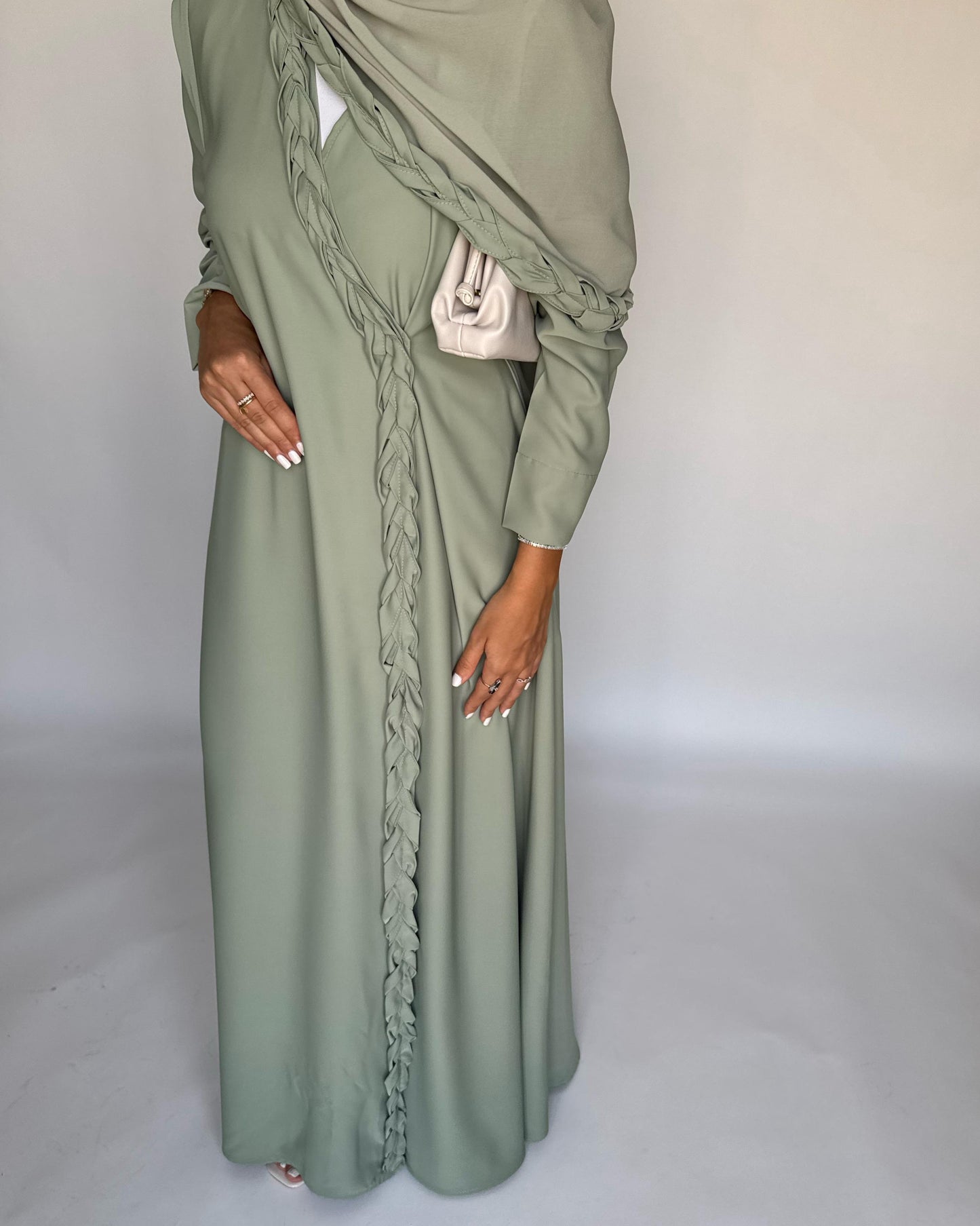 A461 - Light Green Braided Crepe Abaya with Matching Head Scarf