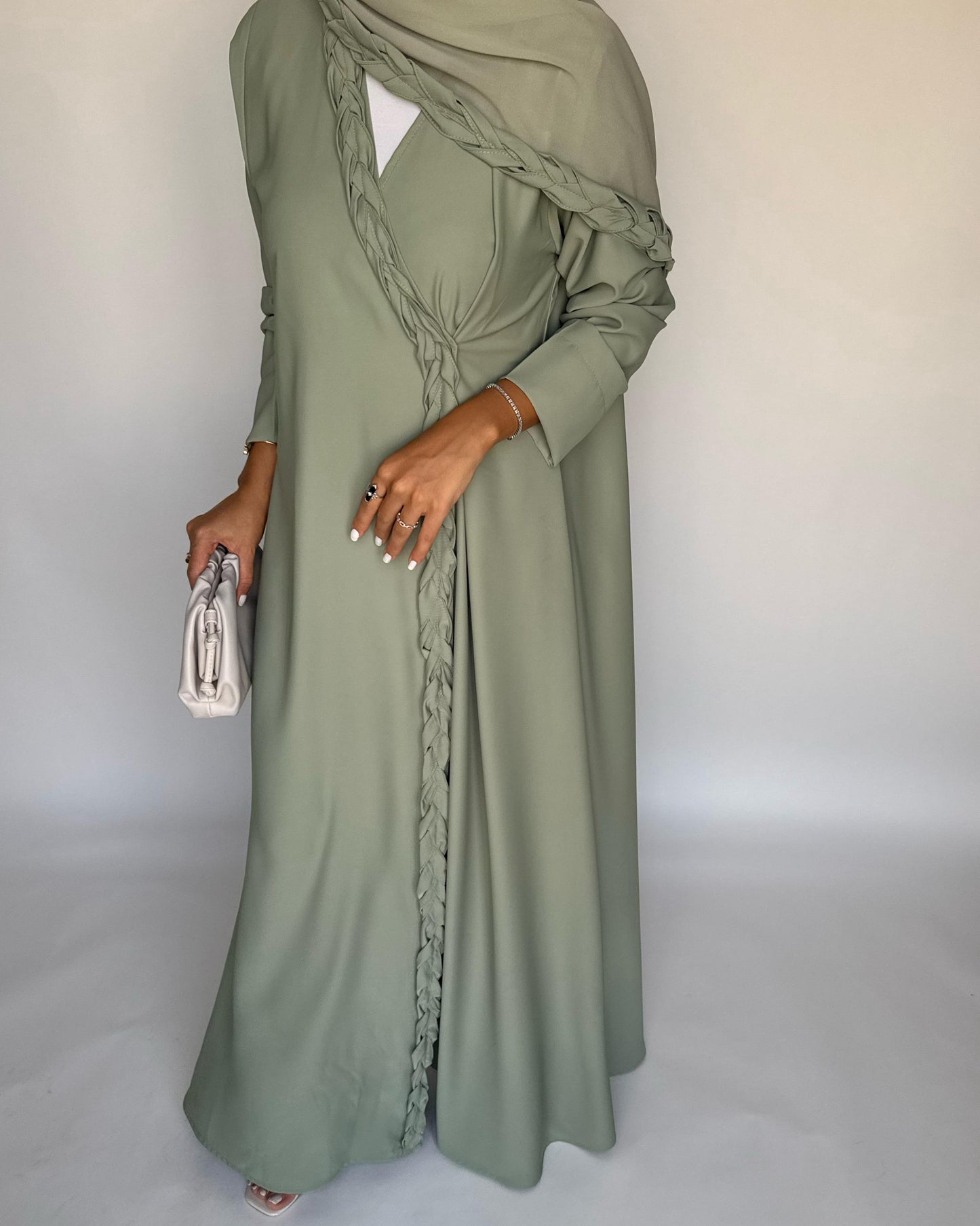A461 - Light Green Braided Crepe Abaya with Matching Head Scarf
