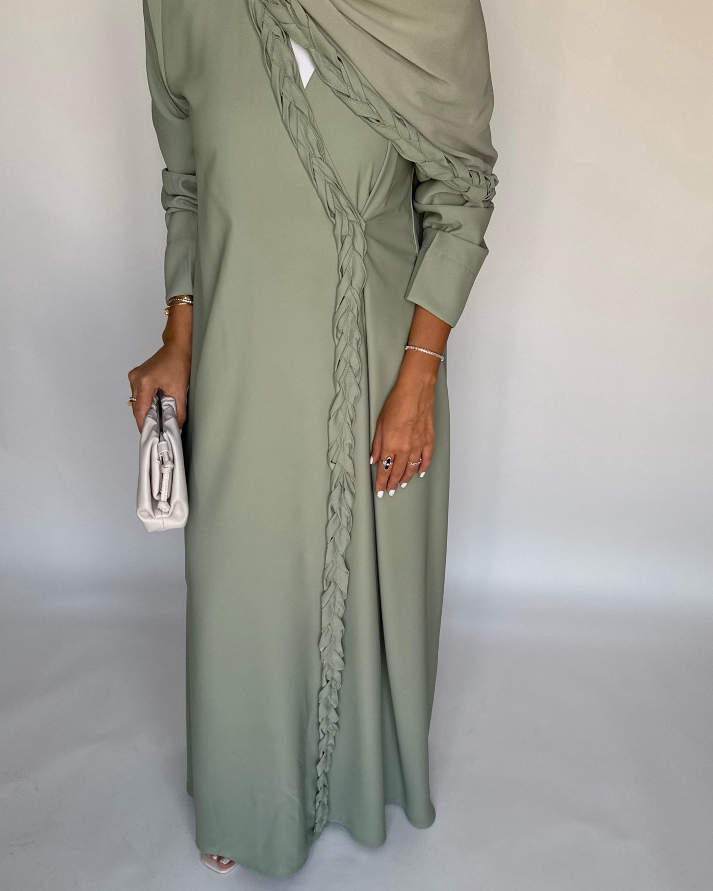 A461 - Light Green Braided Crepe Abaya with Matching Head Scarf