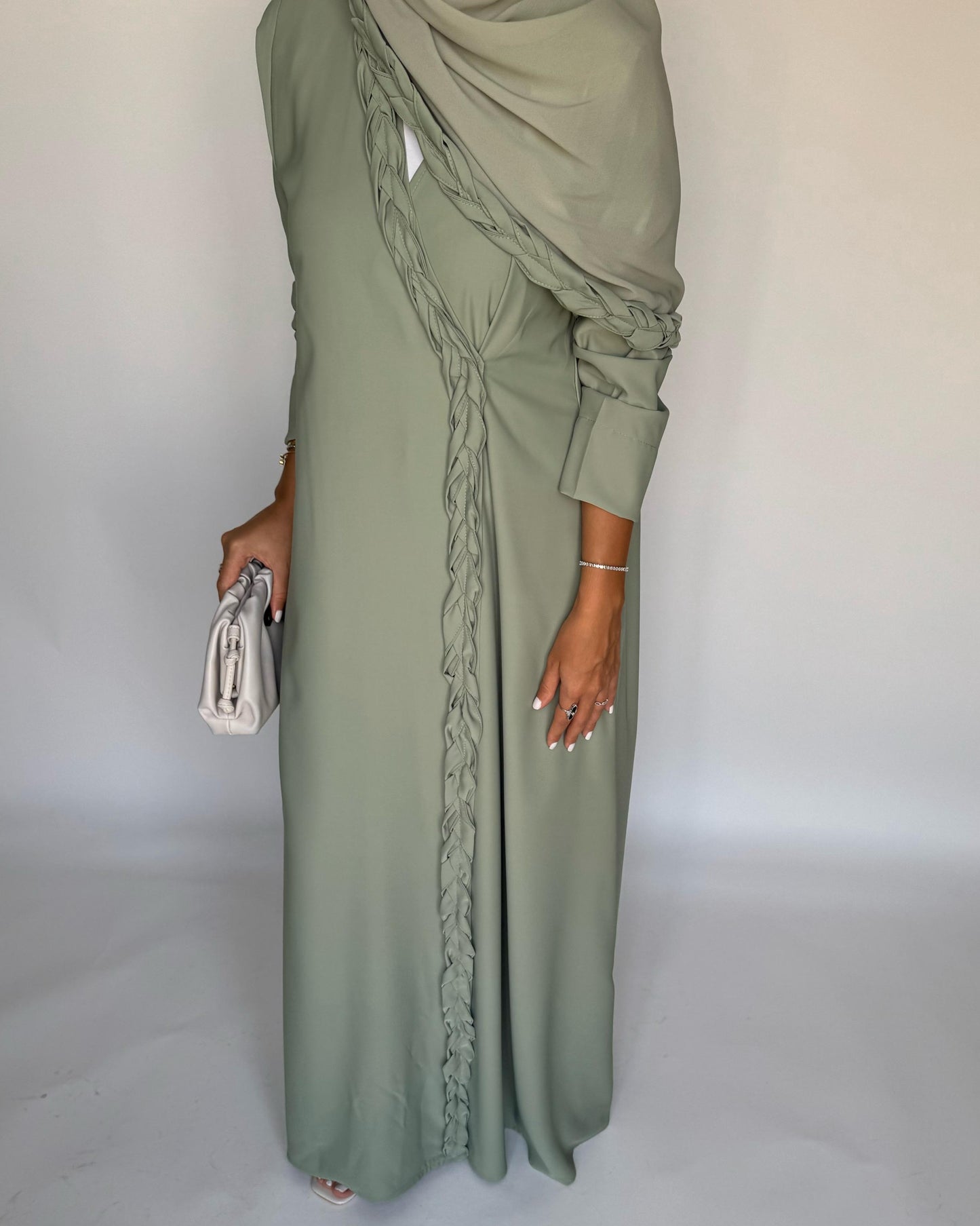 A461 - Light Green Braided Crepe Abaya with Matching Head Scarf