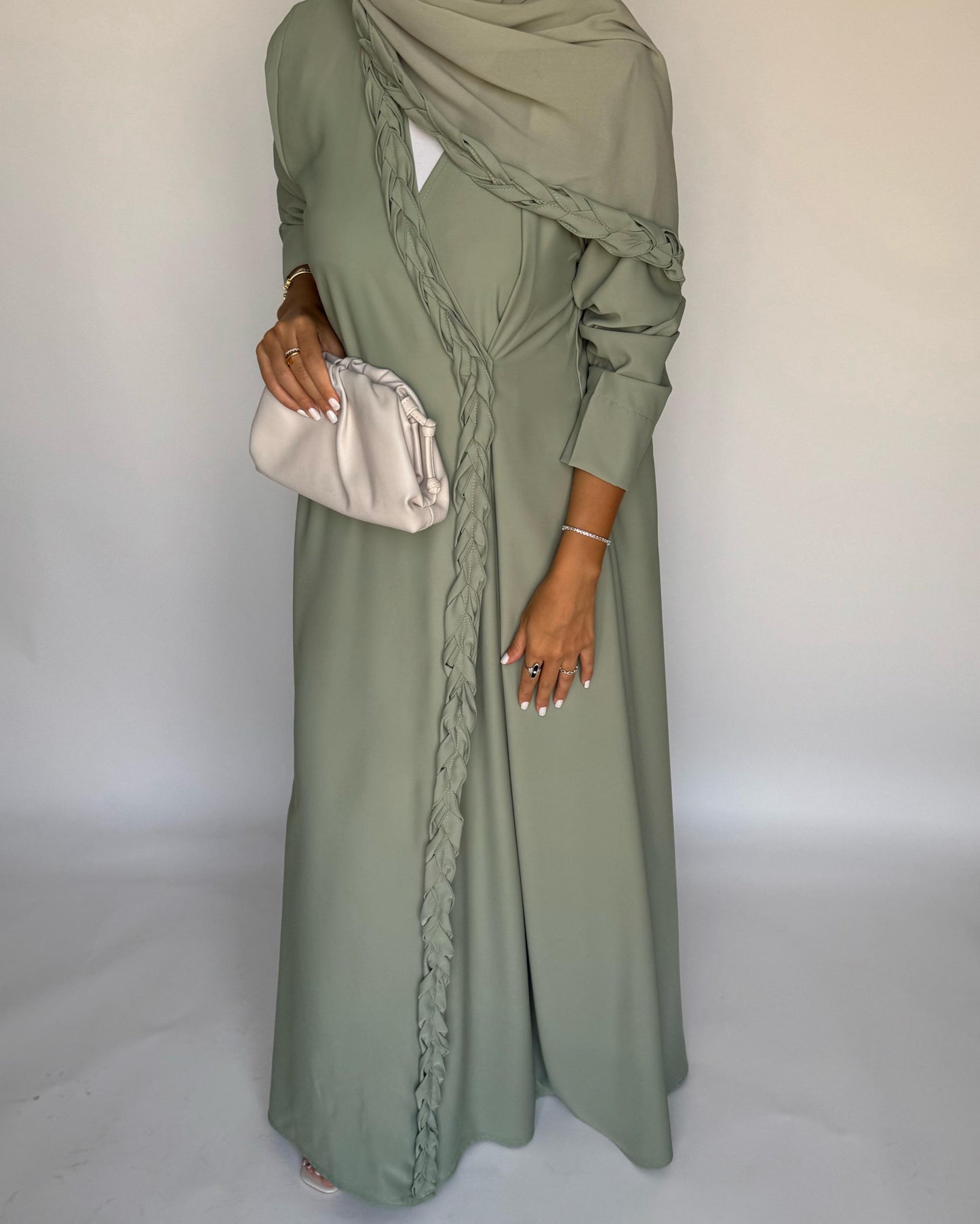 A461 - Light Green Braided Crepe Abaya with Matching Head Scarf
