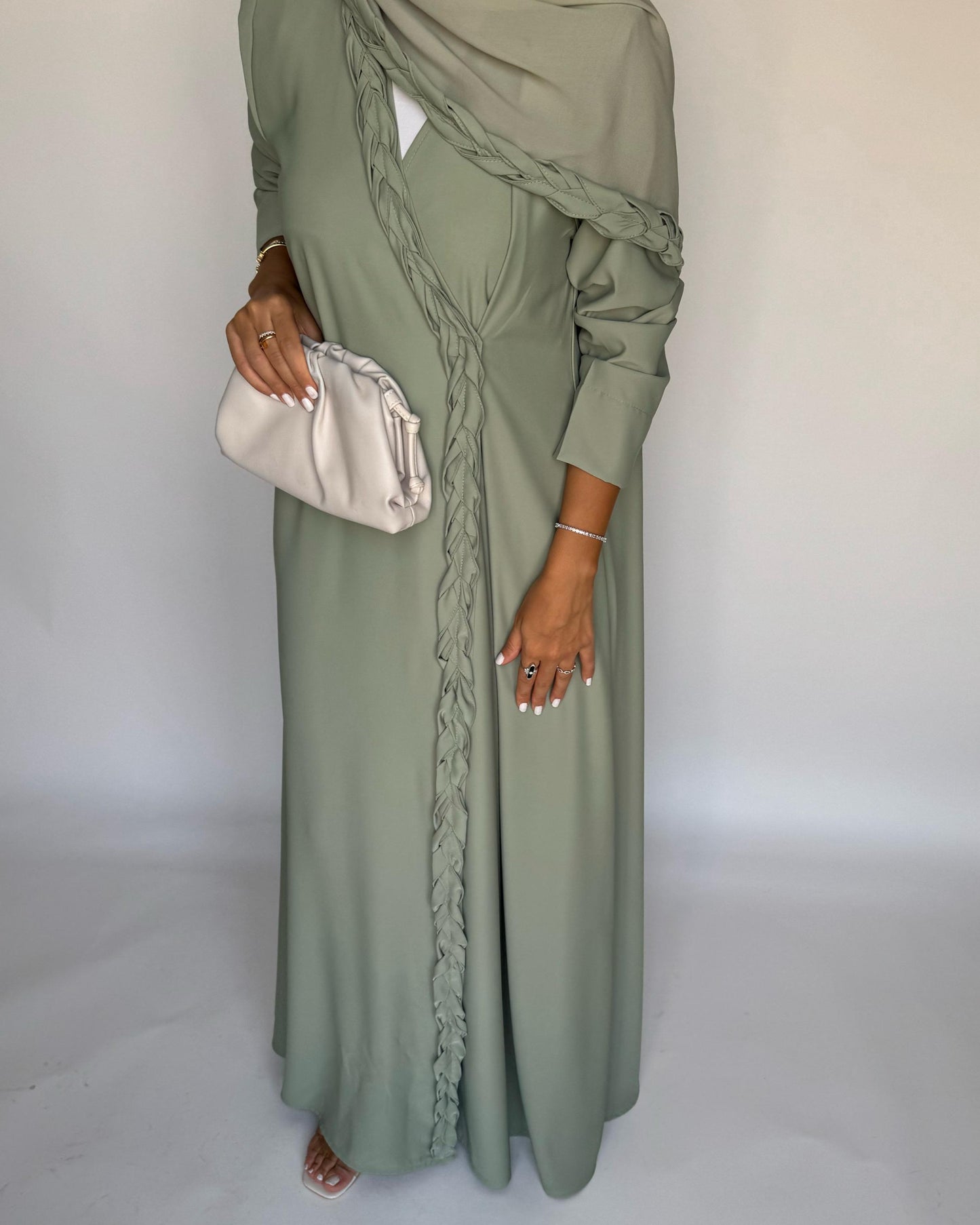 A461 - Light Green Braided Crepe Abaya with Matching Head Scarf