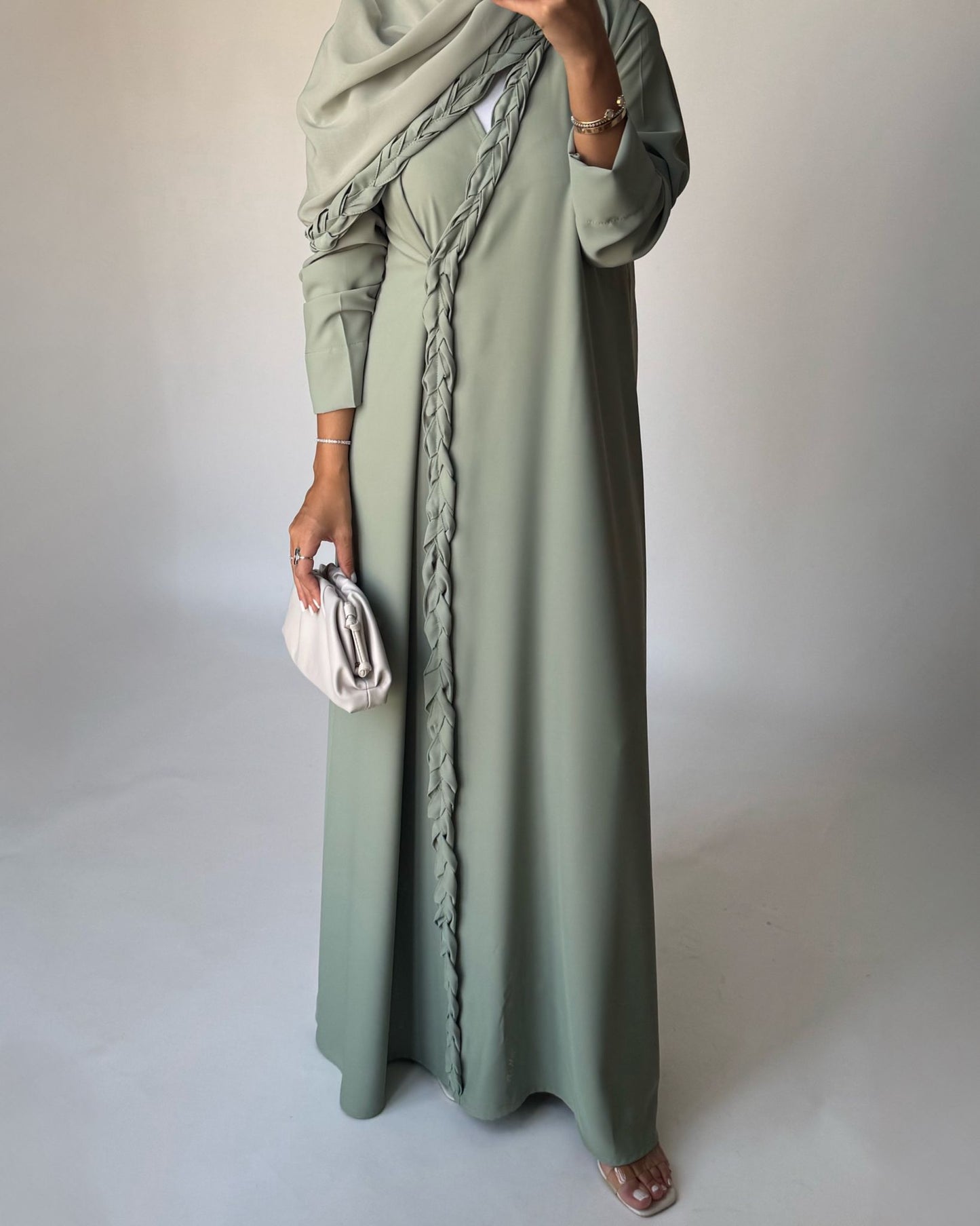 A461 - Light Green Braided Crepe Abaya with Matching Head Scarf