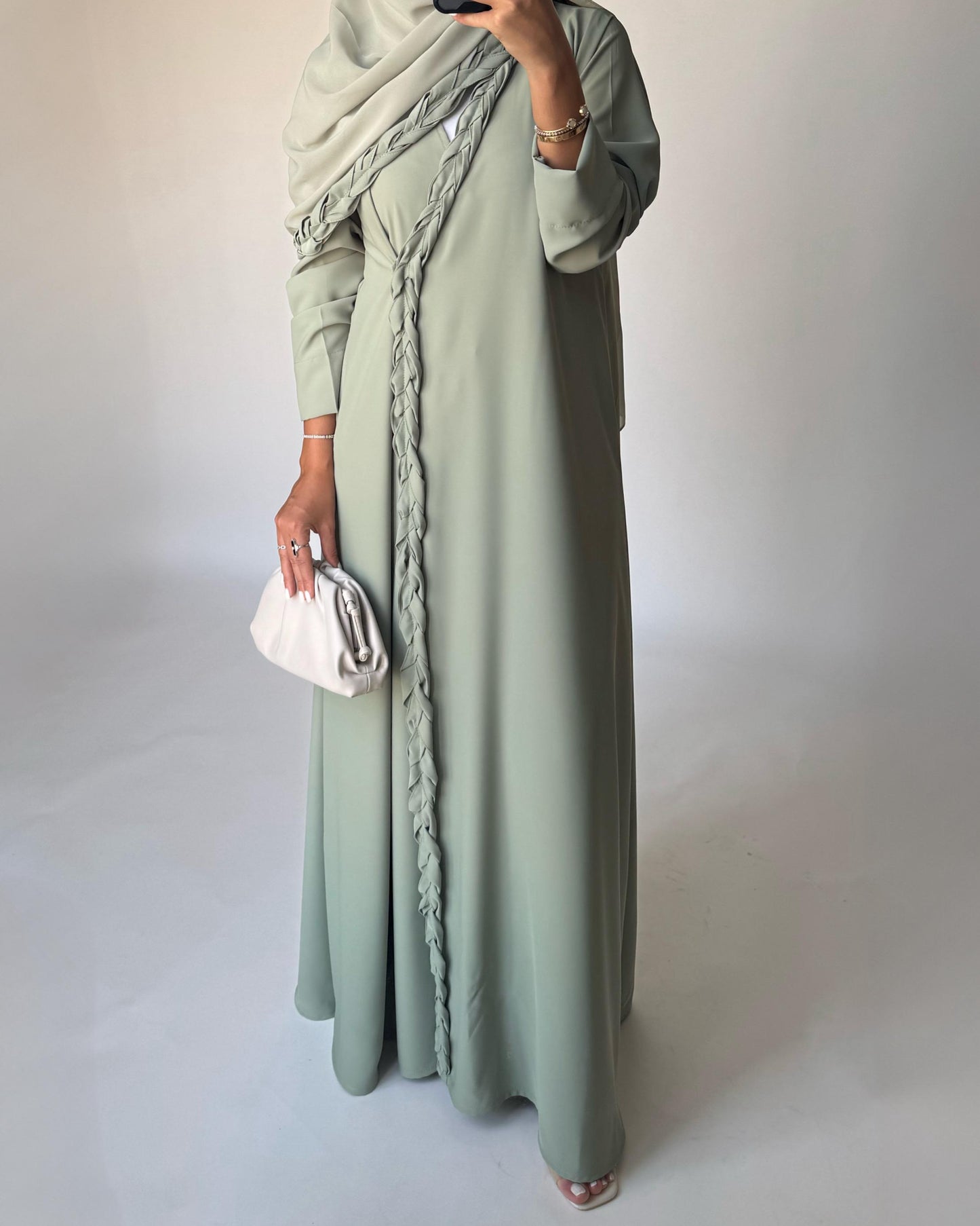 A461 - Light Green Braided Crepe Abaya with Matching Head Scarf