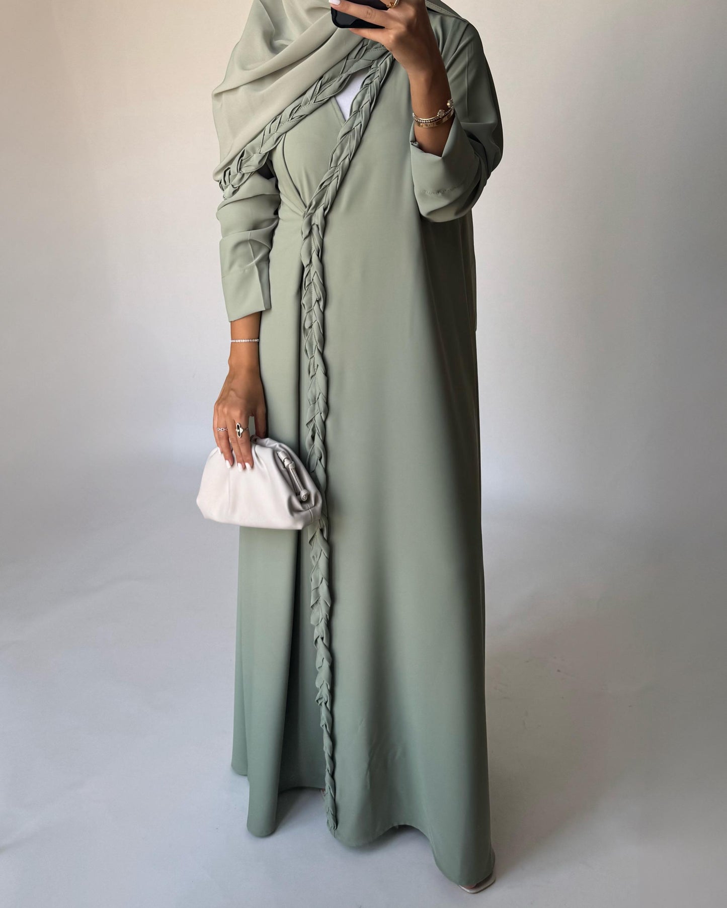 A461 - Light Green Braided Crepe Abaya with Matching Head Scarf
