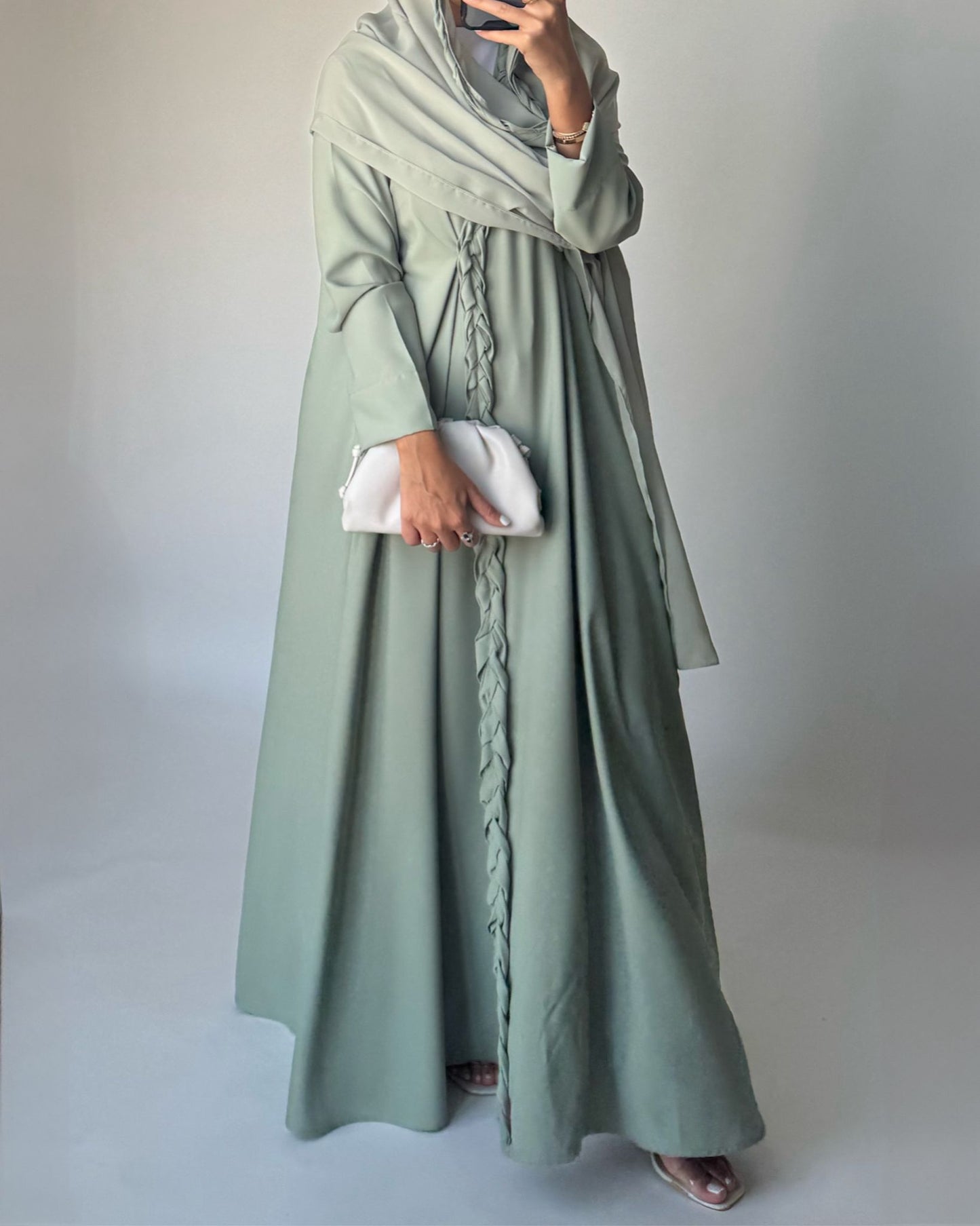 A461 - Light Green Braided Crepe Abaya with Matching Head Scarf