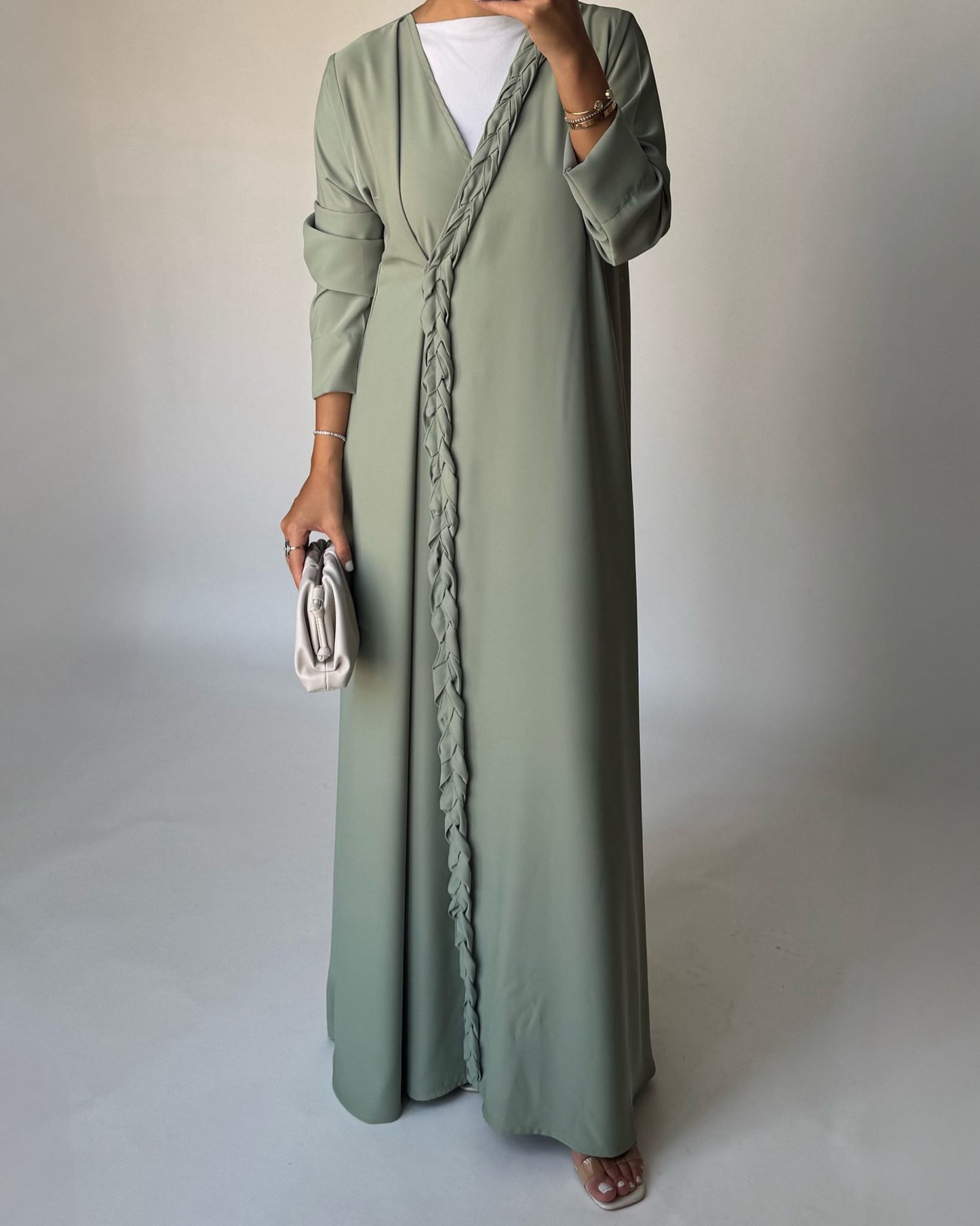 A461 - Light Green Braided Crepe Abaya with Matching Head Scarf