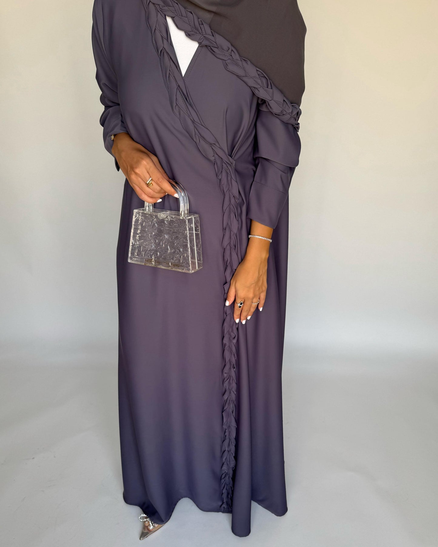 A464 - Gray Braided Crepe Abaya with Matching Head Scarf