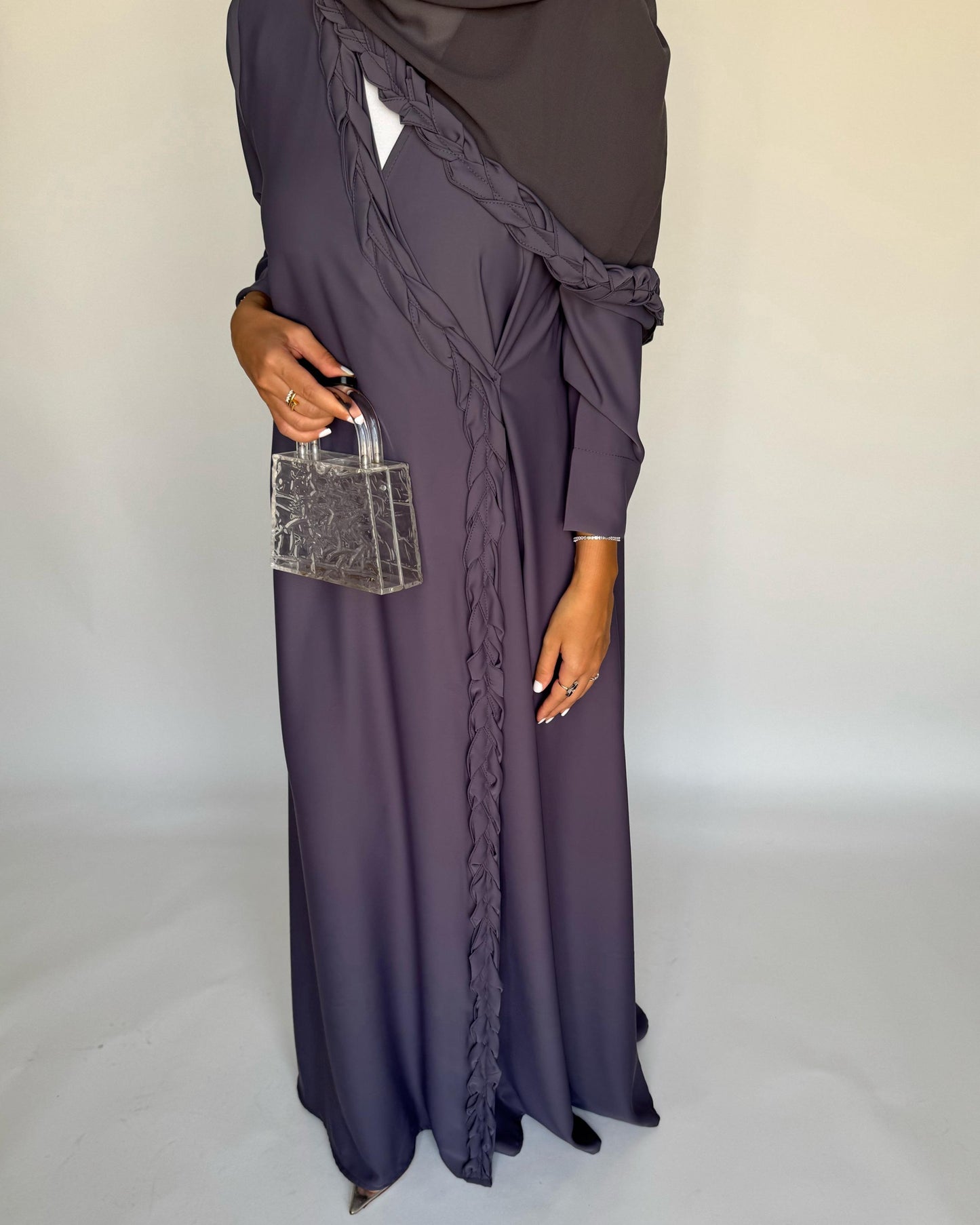 A464 - Gray Braided Crepe Abaya with Matching Head Scarf