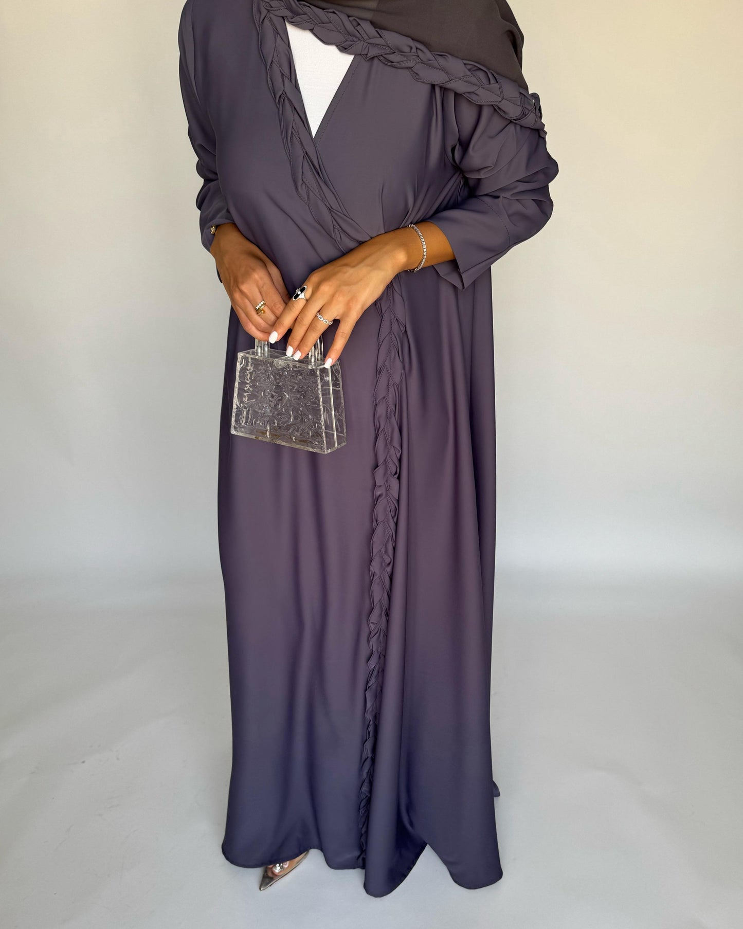 A464 - Gray Braided Crepe Abaya with Matching Head Scarf