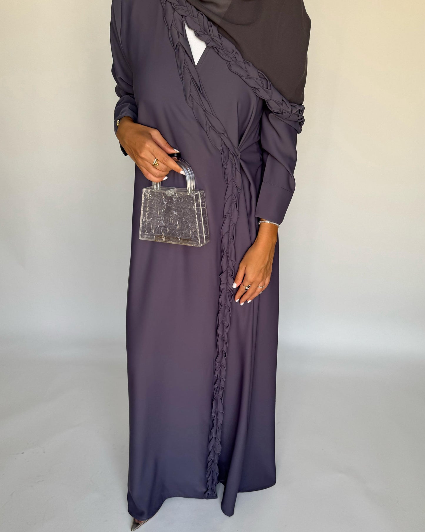 A464 - Gray Braided Crepe Abaya with Matching Head Scarf