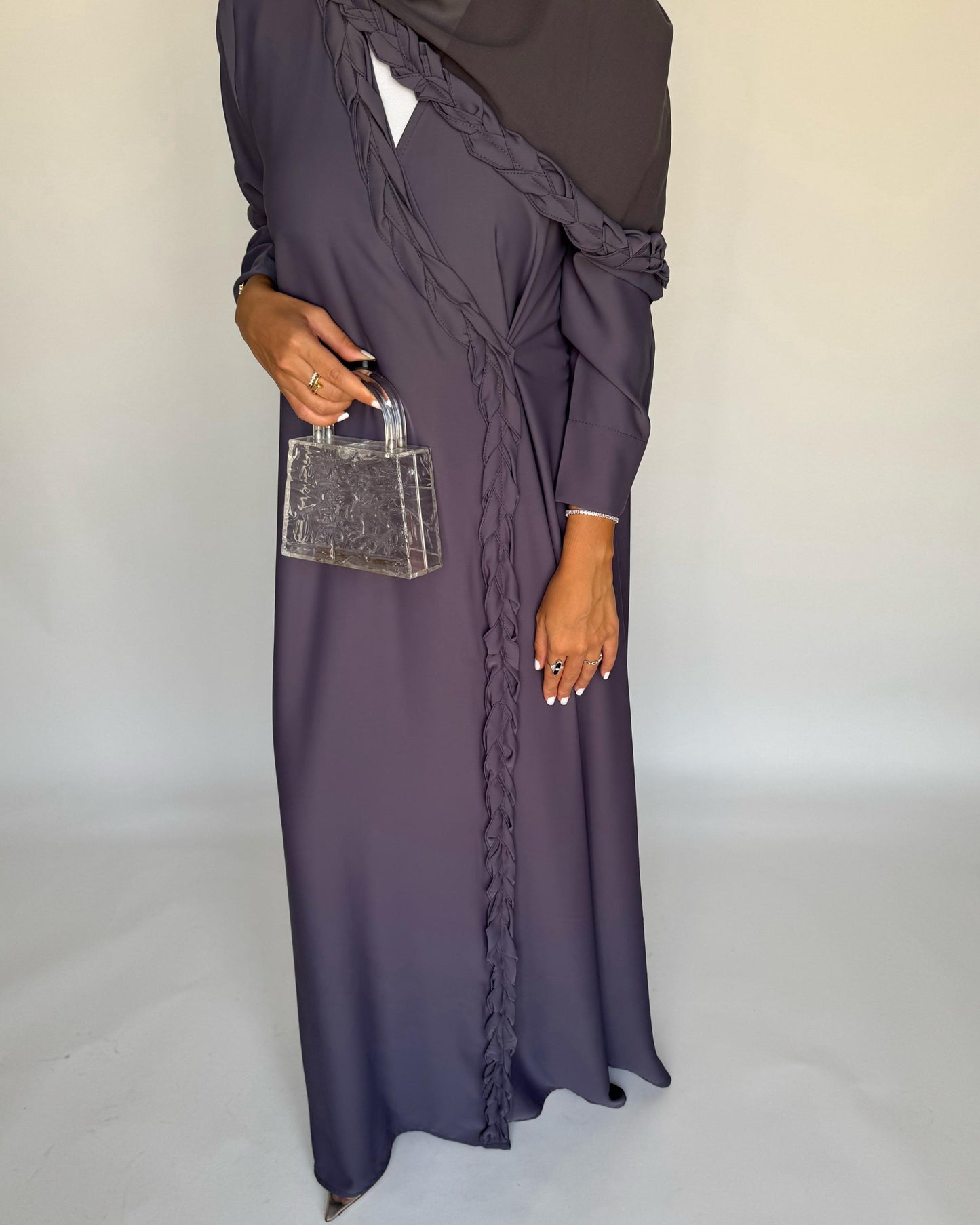 A464 - Gray Braided Crepe Abaya with Matching Head Scarf