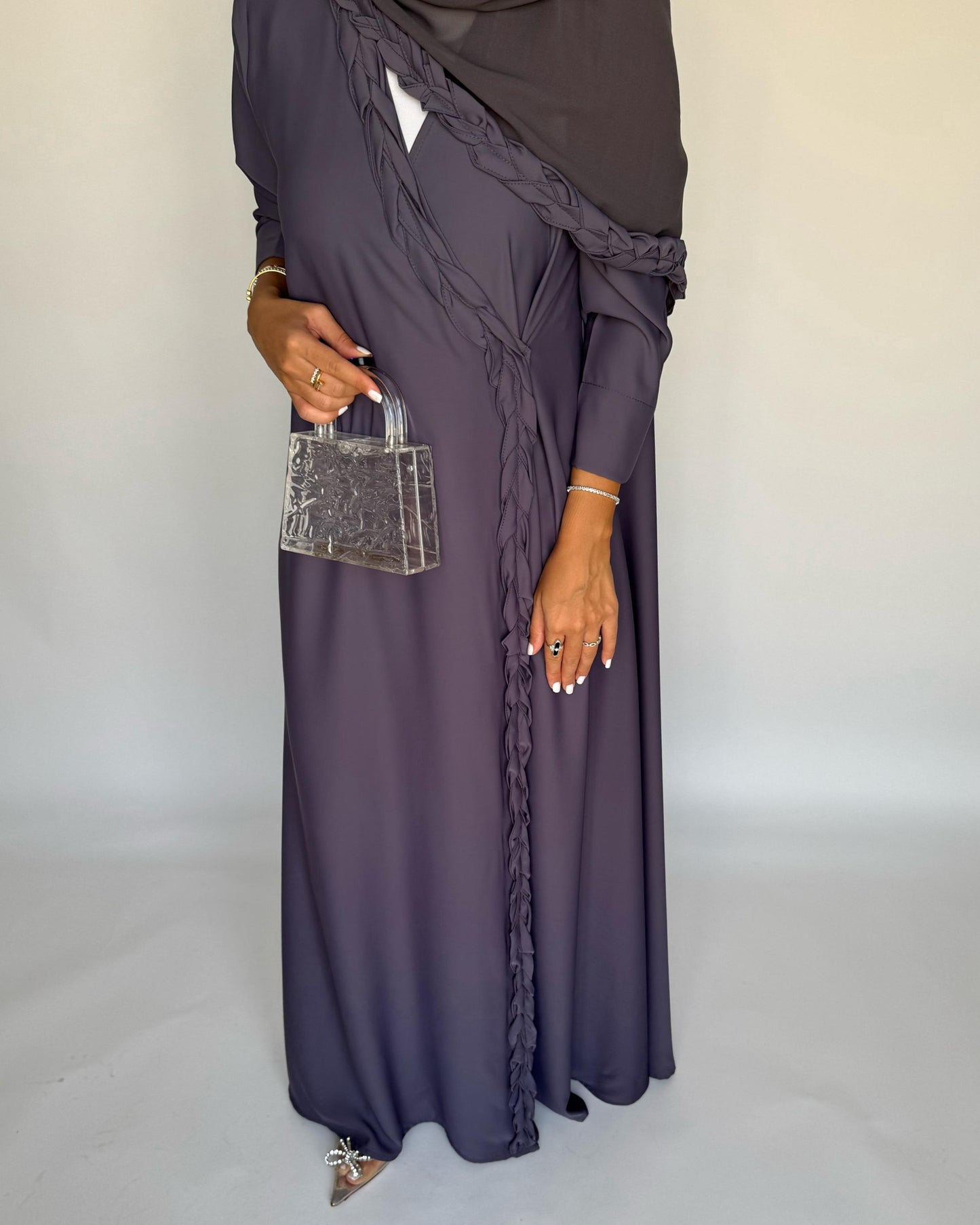 A464 - Gray Braided Crepe Abaya with Matching Head Scarf