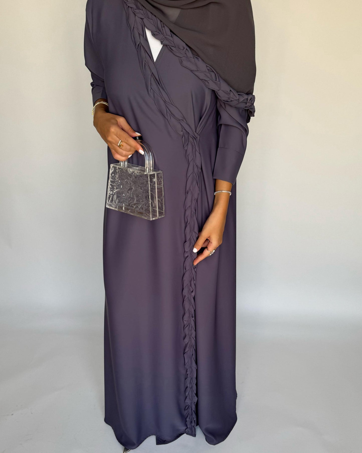 A464 - Gray Braided Crepe Abaya with Matching Head Scarf