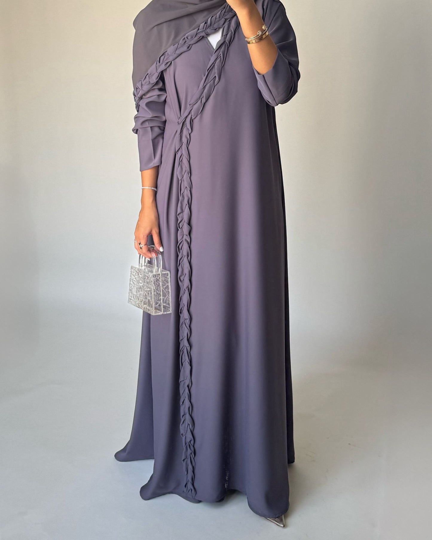 A464 - Gray Braided Crepe Abaya with Matching Head Scarf