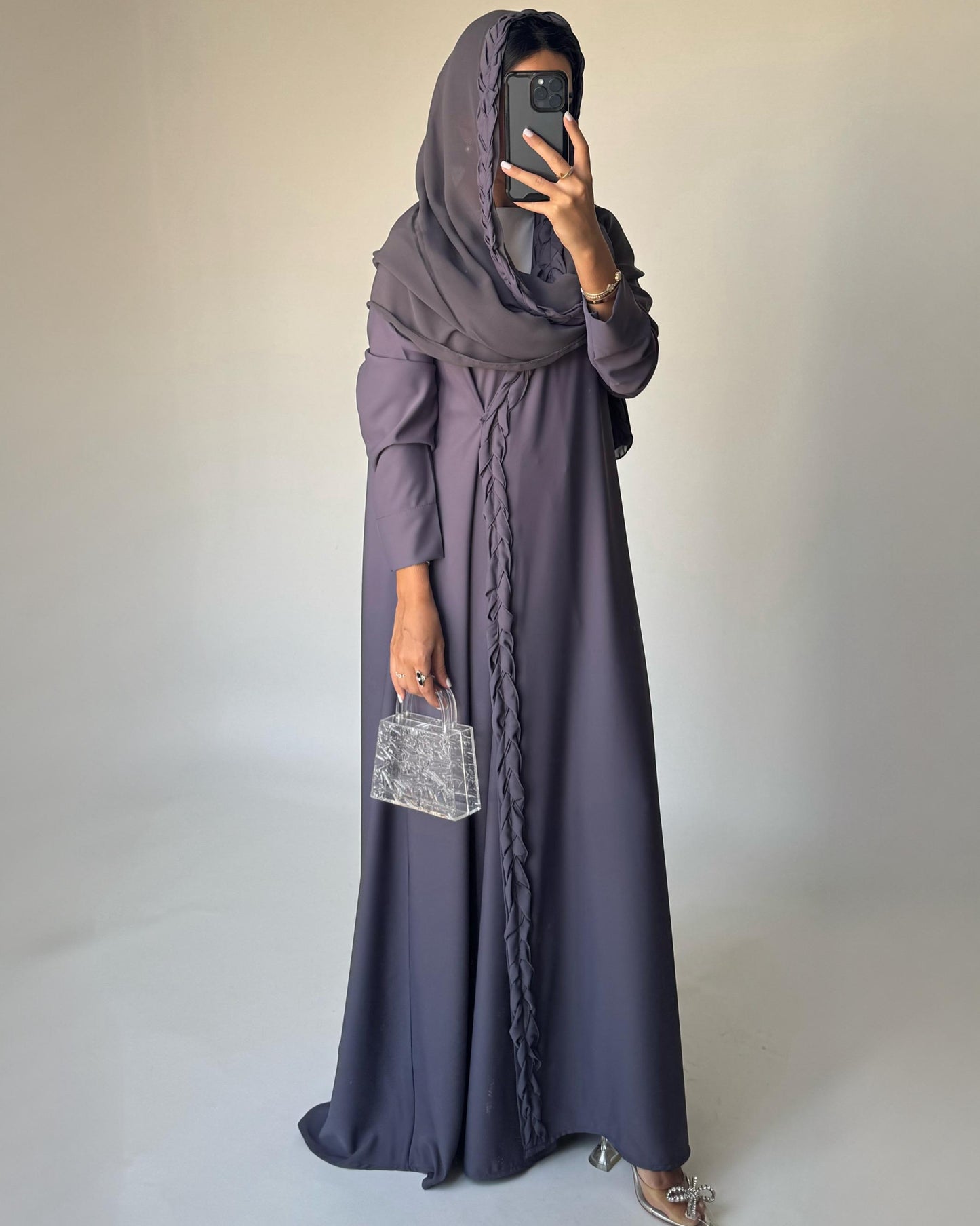 A464 - Gray Braided Crepe Abaya with Matching Head Scarf