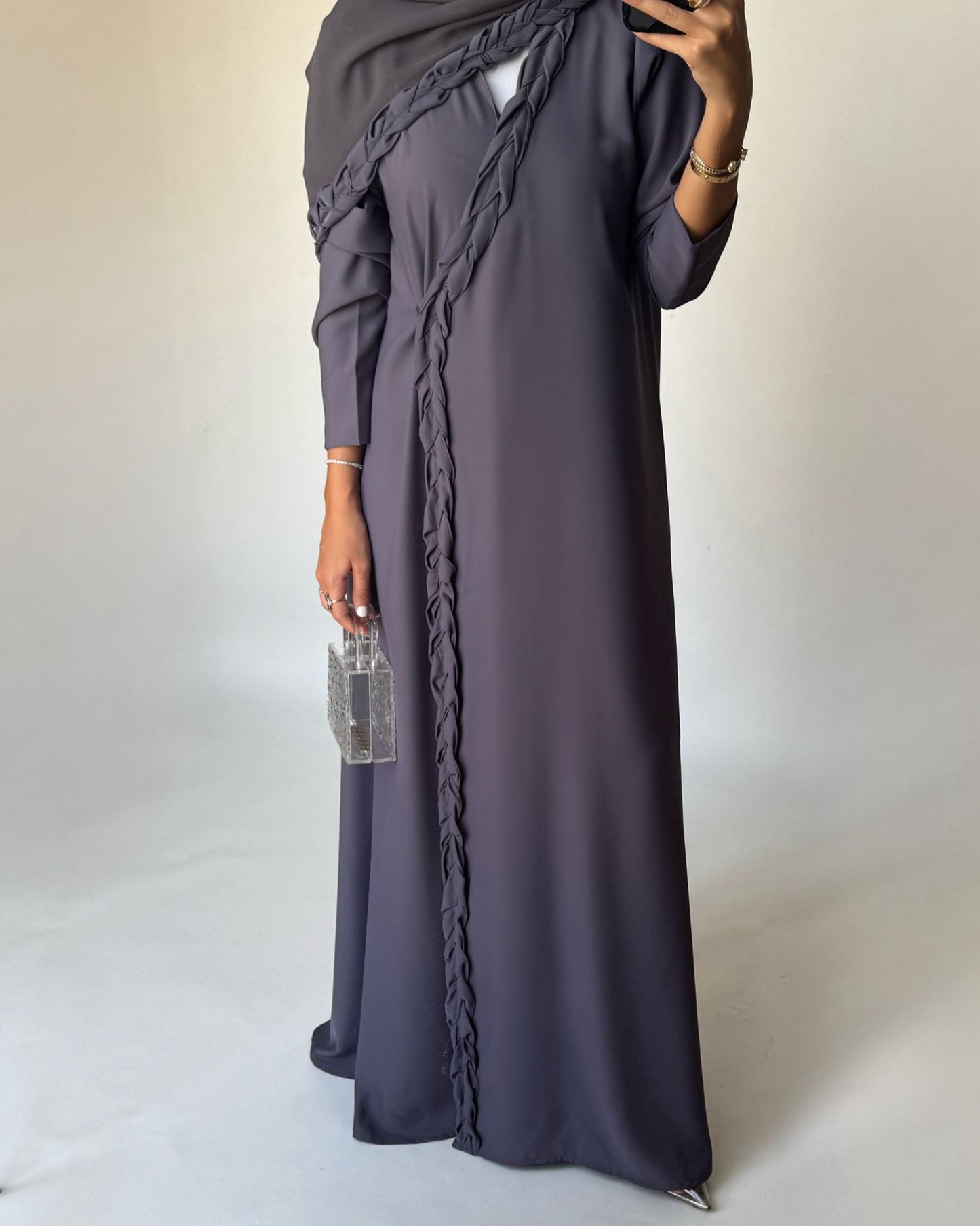 A464 - Gray Braided Crepe Abaya with Matching Head Scarf