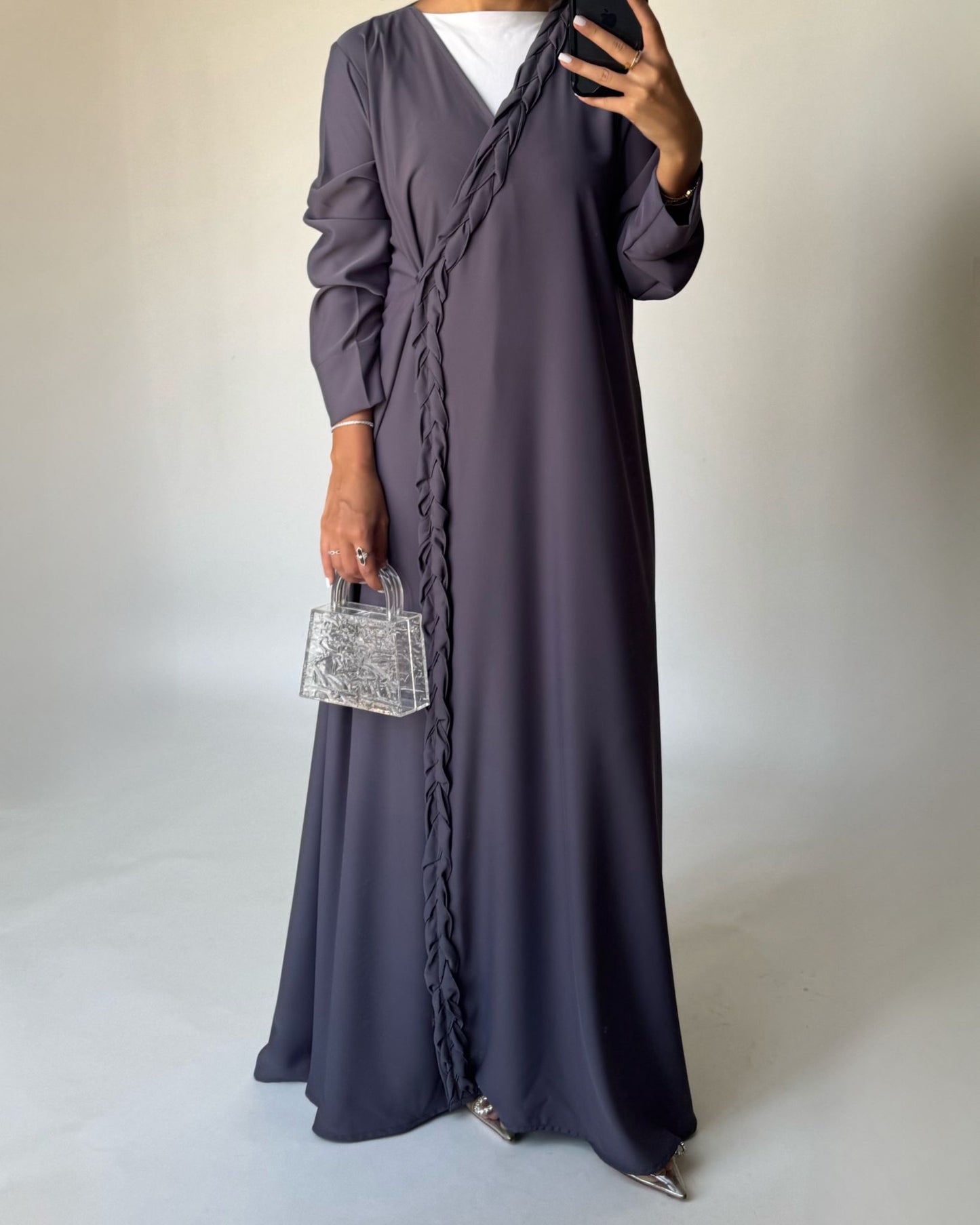 A464 - Gray Braided Crepe Abaya with Matching Head Scarf