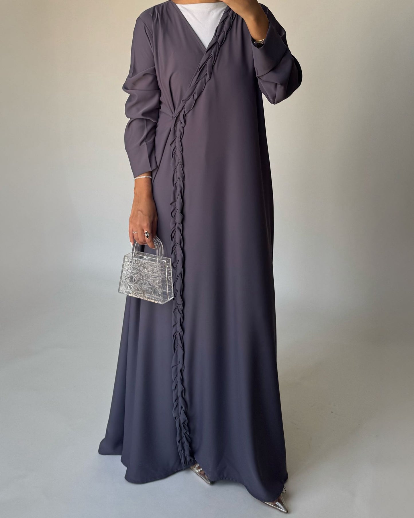 A464 - Gray Braided Crepe Abaya with Matching Head Scarf