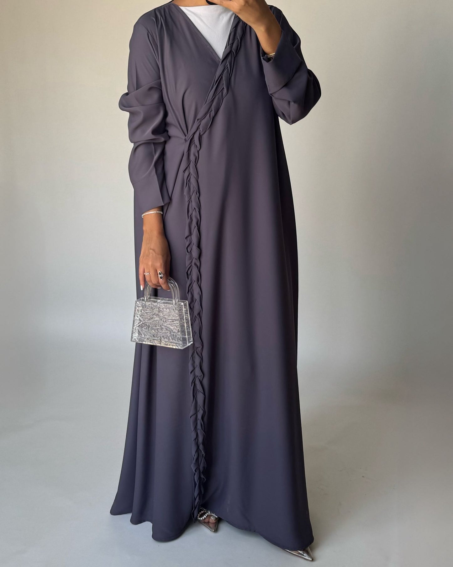 A464 - Gray Braided Crepe Abaya with Matching Head Scarf