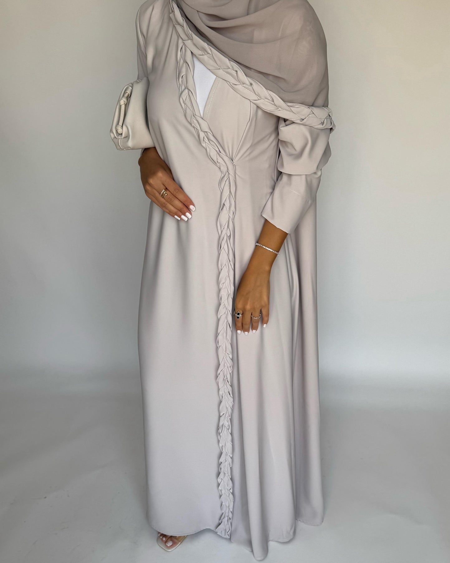 A465 - Dusty Cream Braided Crepe Abaya with Matching Head Scarf