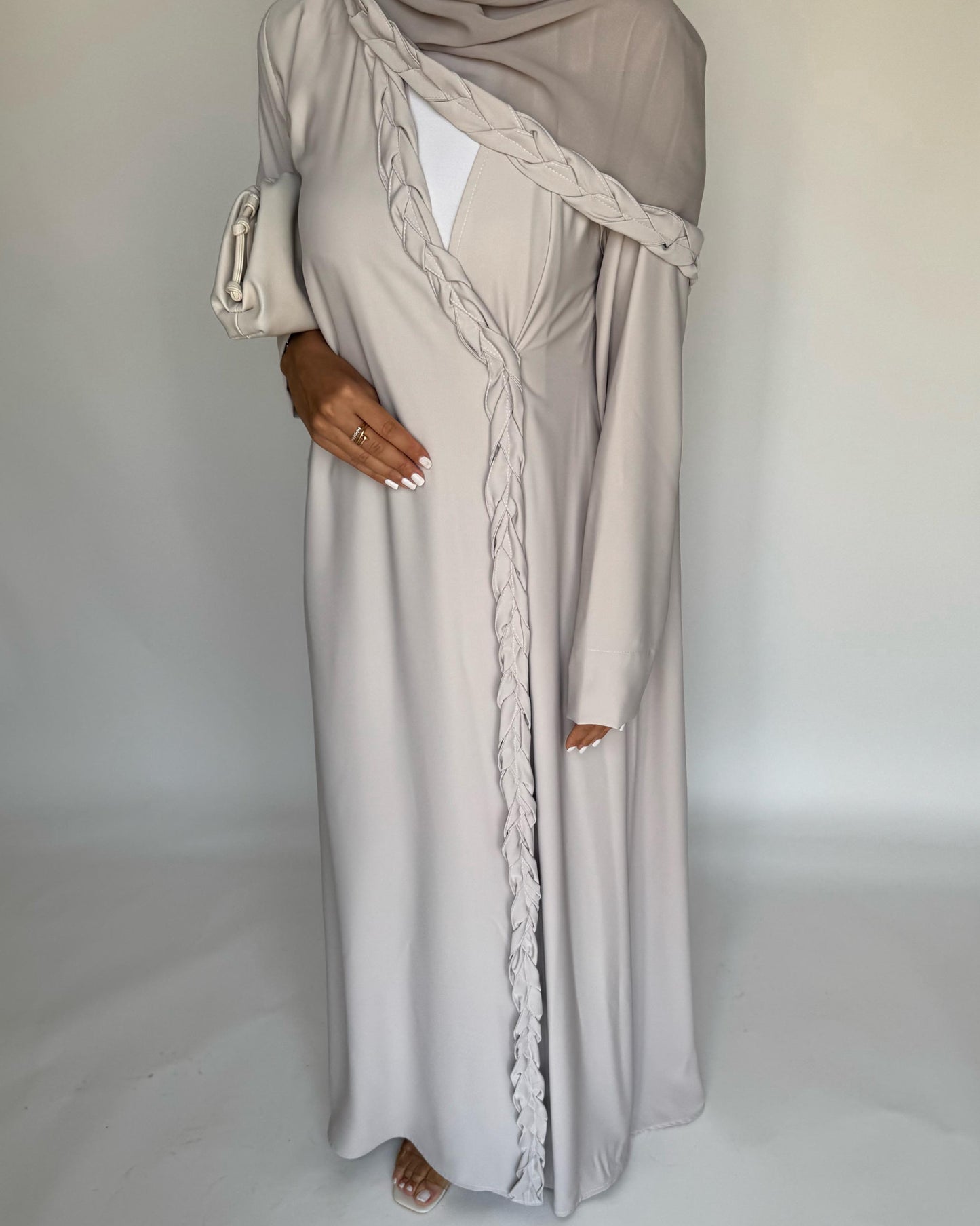 A465 - Dusty Cream Braided Crepe Abaya with Matching Head Scarf