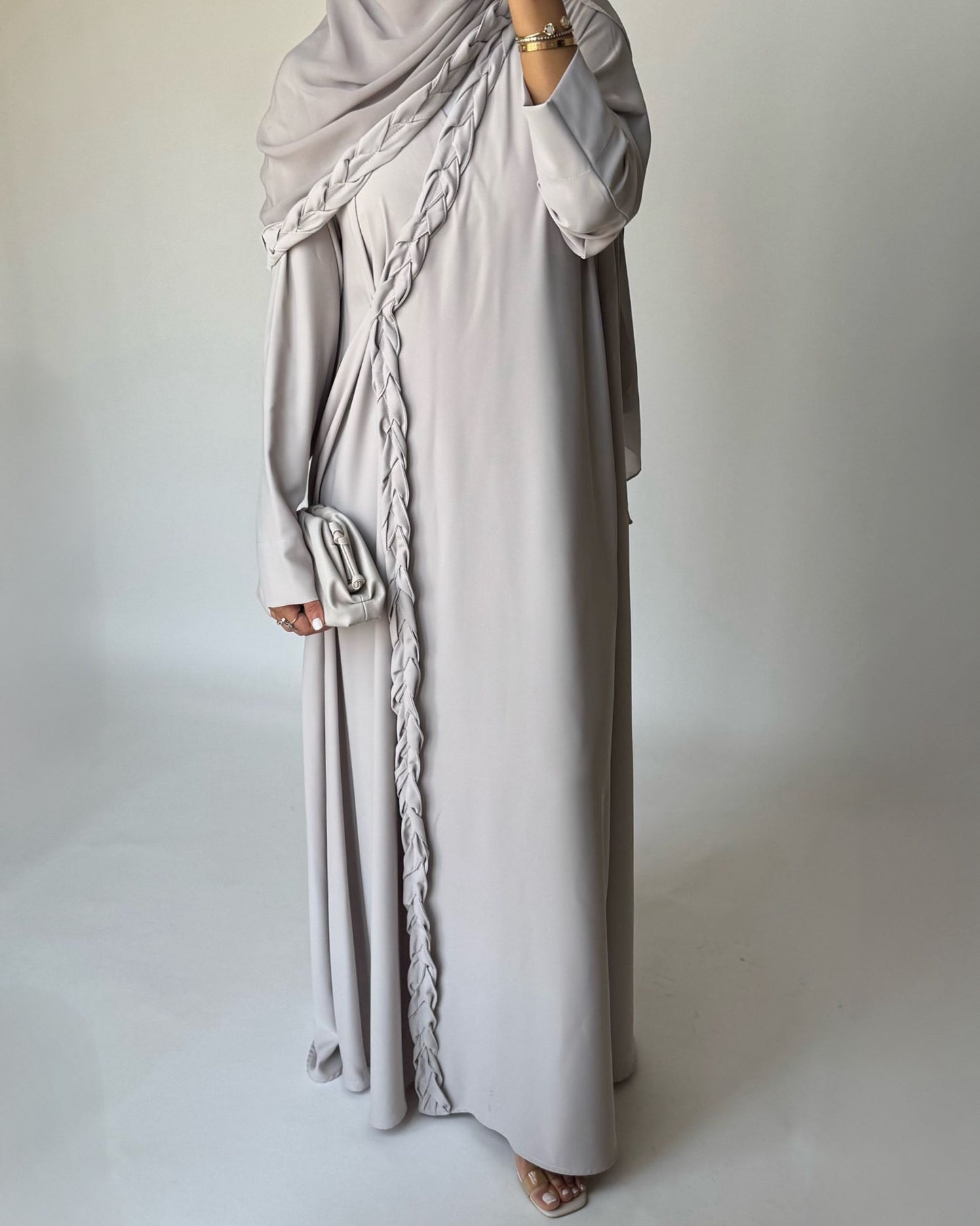 A465 - Dusty Cream Braided Crepe Abaya with Matching Head Scarf