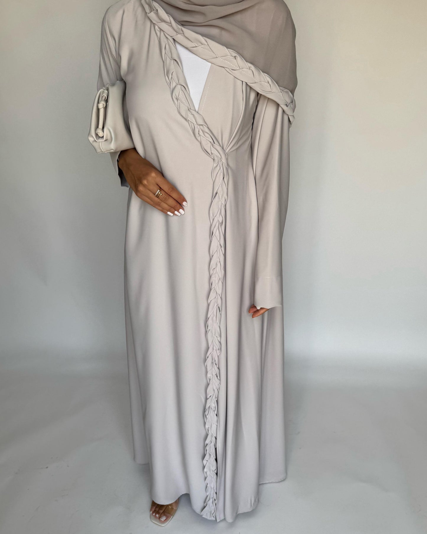 A465 - Dusty Cream Braided Crepe Abaya with Matching Head Scarf