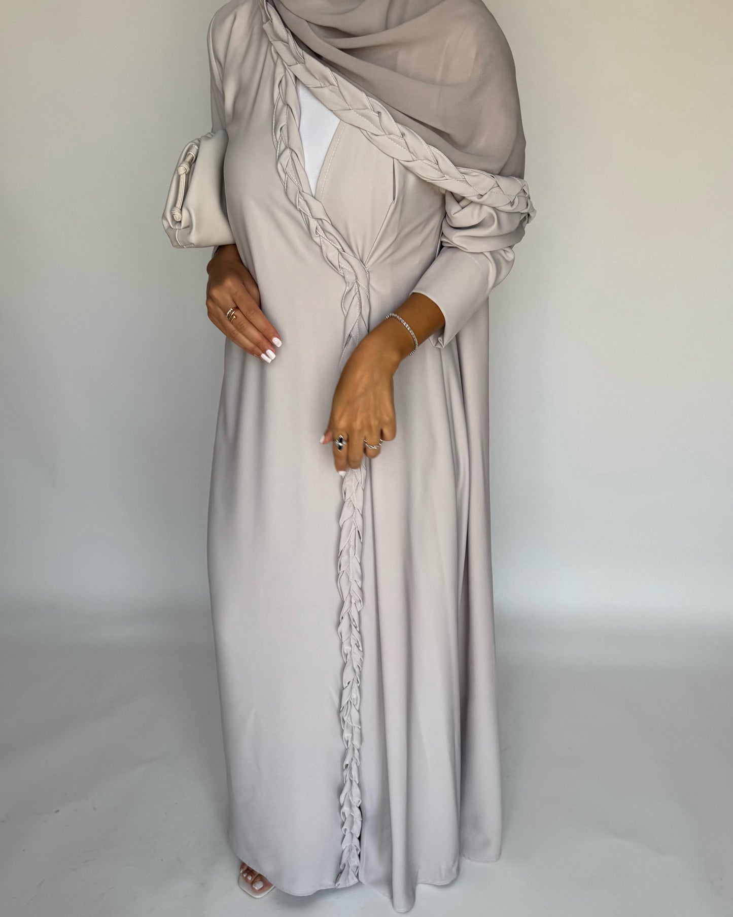 A465 - Dusty Cream Braided Crepe Abaya with Matching Head Scarf