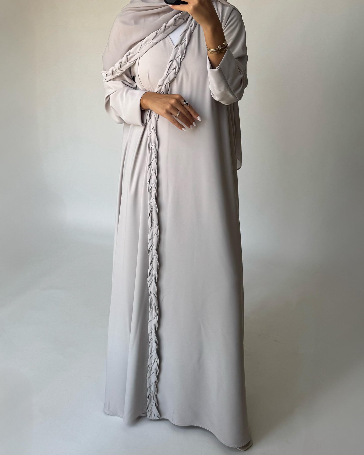 A465 - Dusty Cream Braided Crepe Abaya with Matching Head Scarf