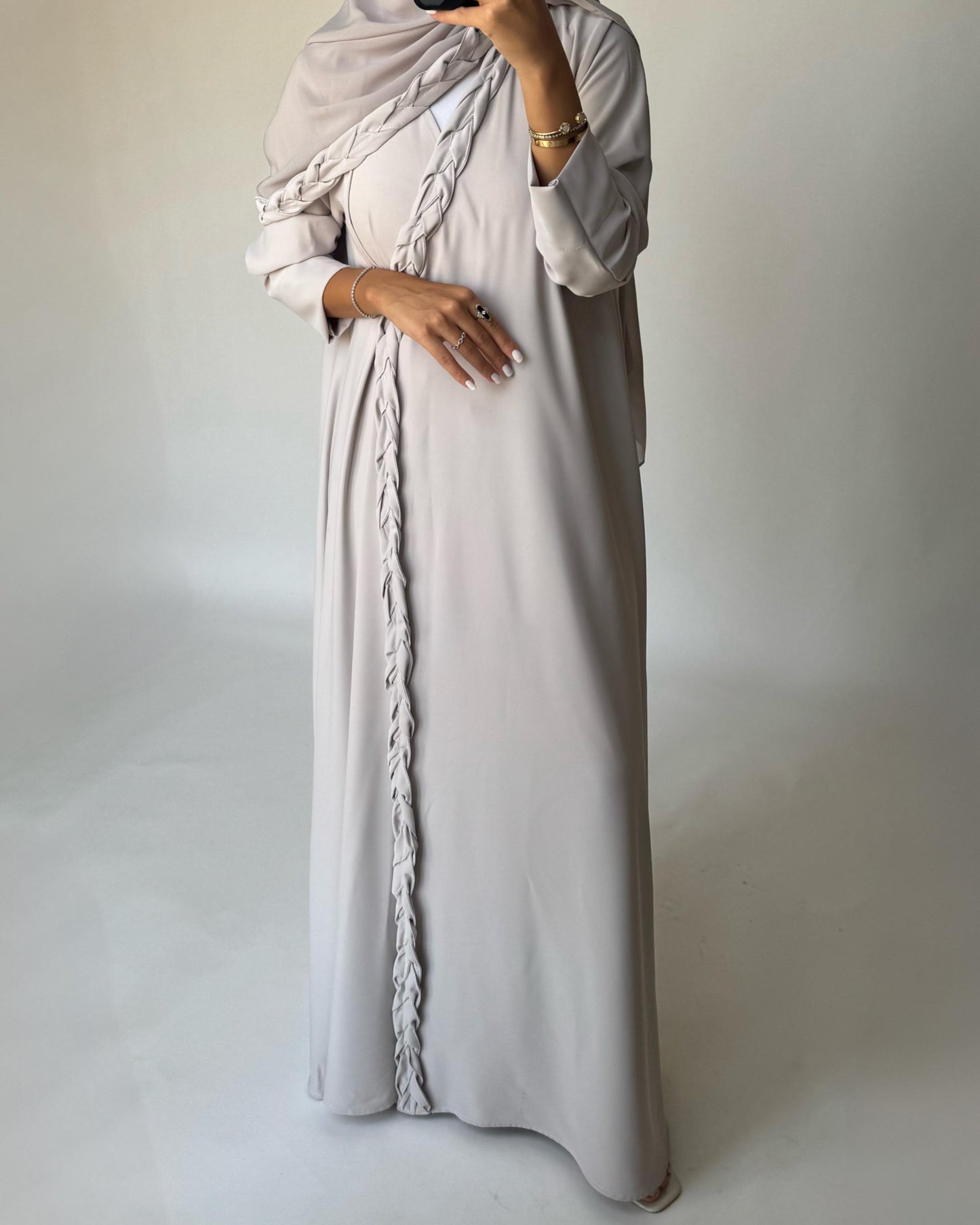 A465 - Dusty Cream Braided Crepe Abaya with Matching Head Scarf