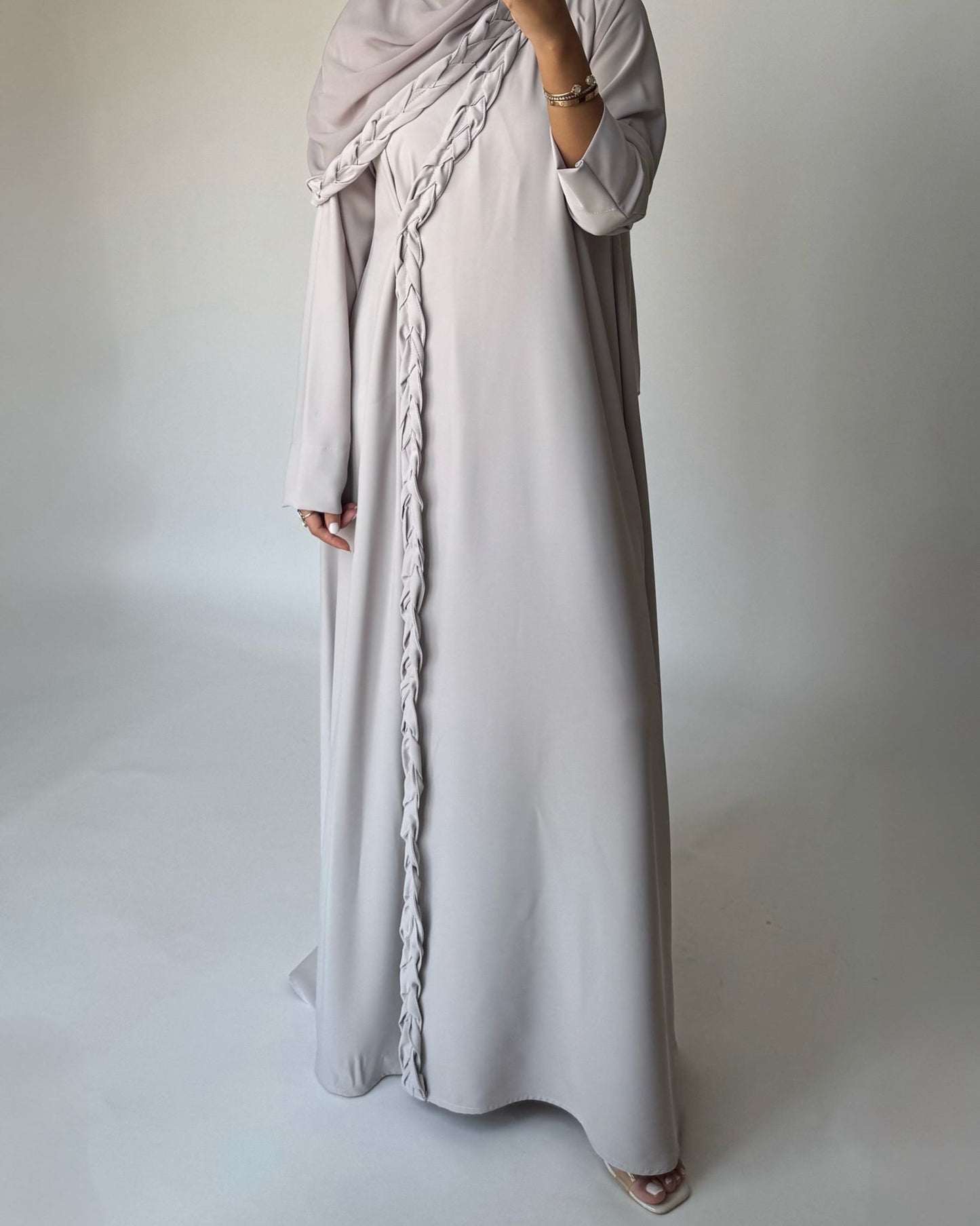 A465 - Dusty Cream Braided Crepe Abaya with Matching Head Scarf