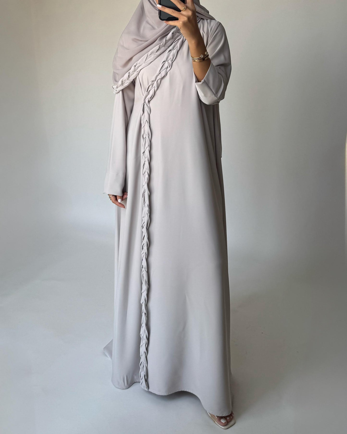 A465 - Dusty Cream Braided Crepe Abaya with Matching Head Scarf