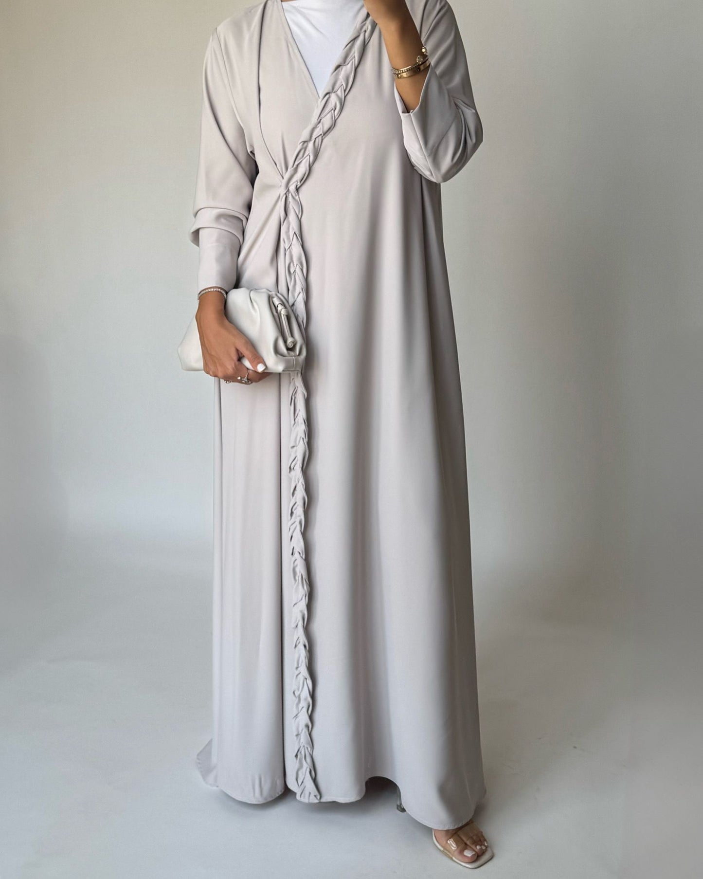 A465 - Dusty Cream Braided Crepe Abaya with Matching Head Scarf