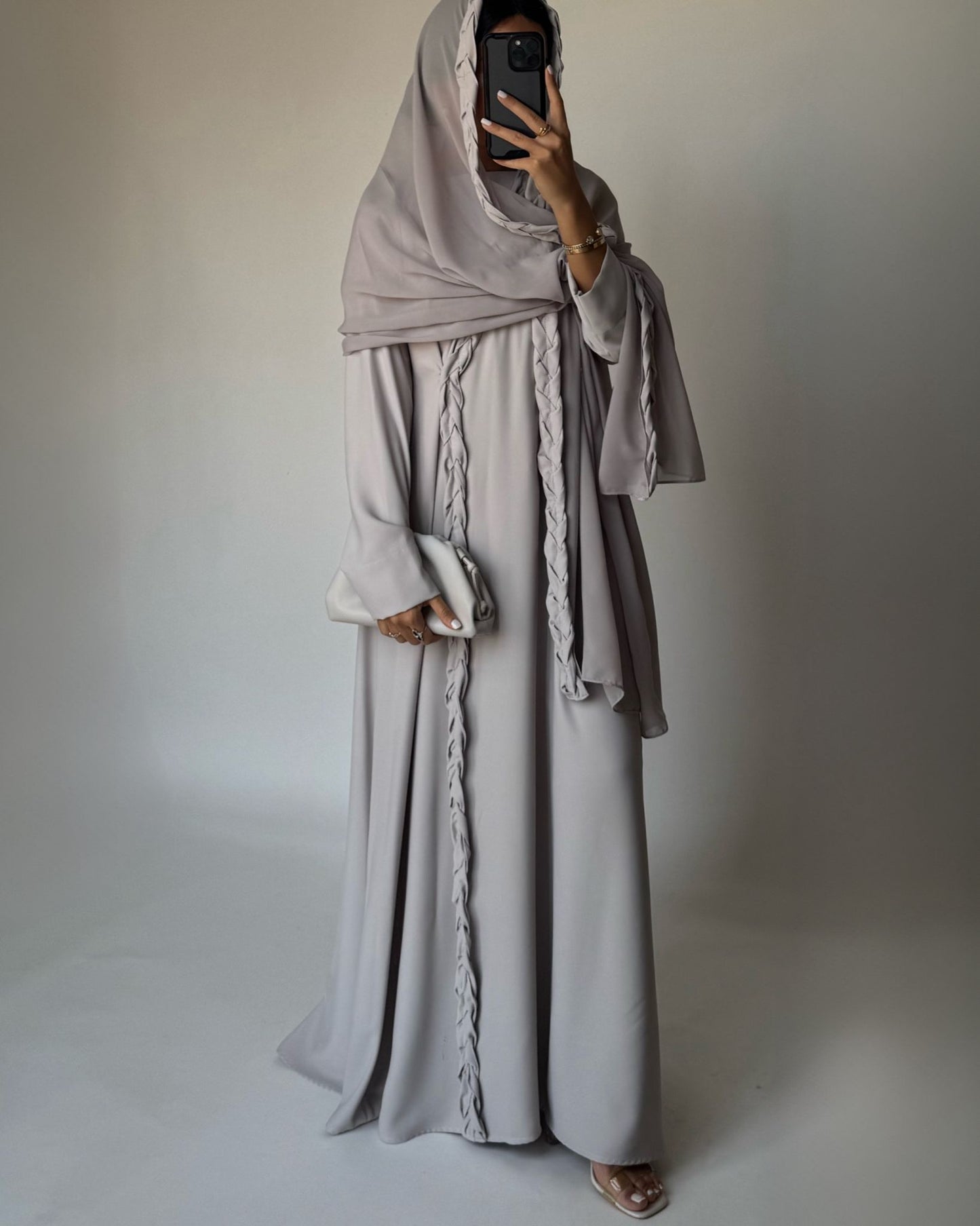 A465 - Dusty Cream Braided Crepe Abaya with Matching Head Scarf