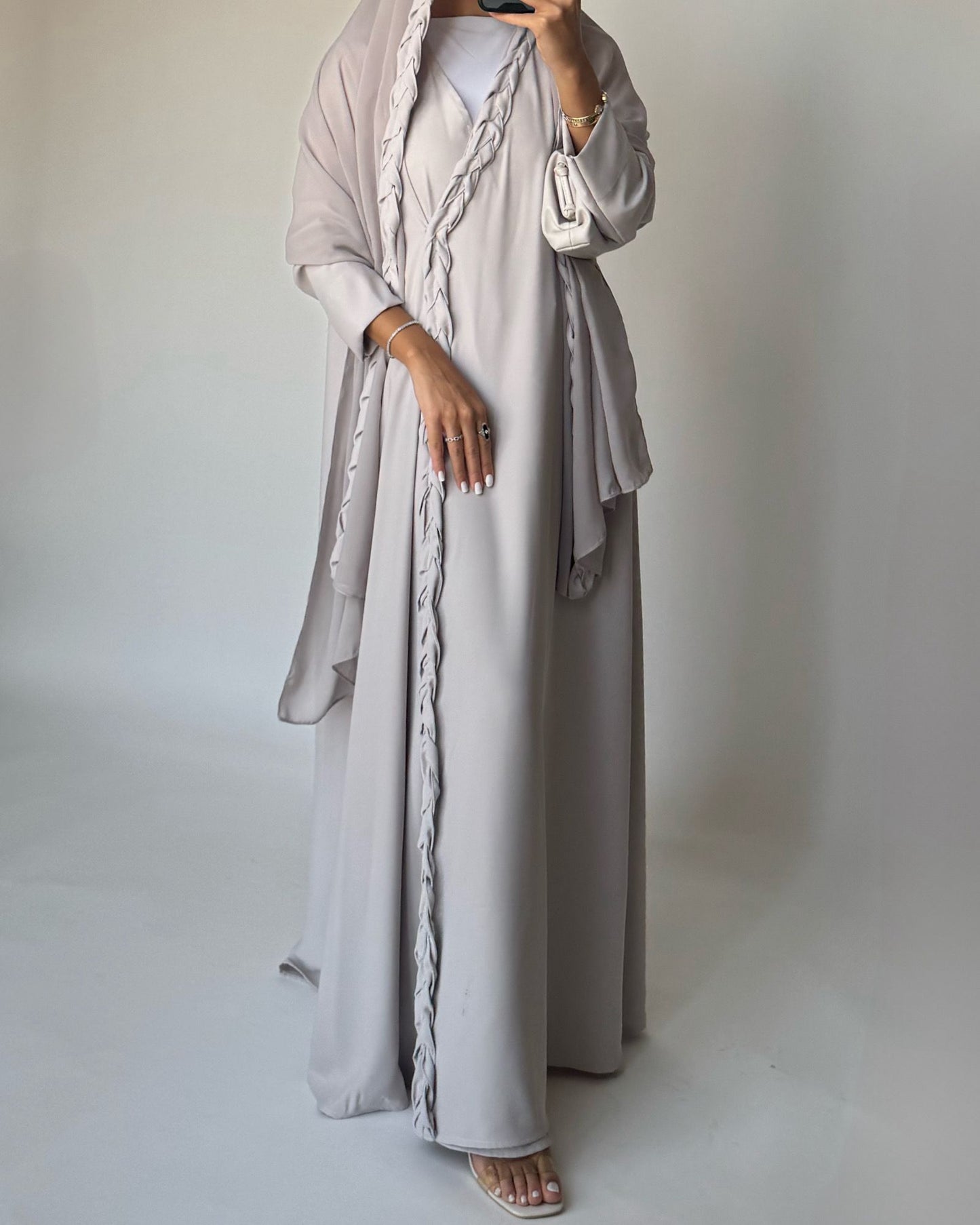 A465 - Dusty Cream Braided Crepe Abaya with Matching Head Scarf