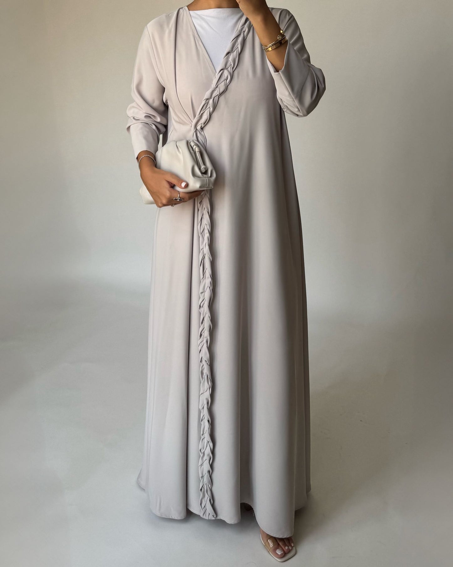 A465 - Dusty Cream Braided Crepe Abaya with Matching Head Scarf