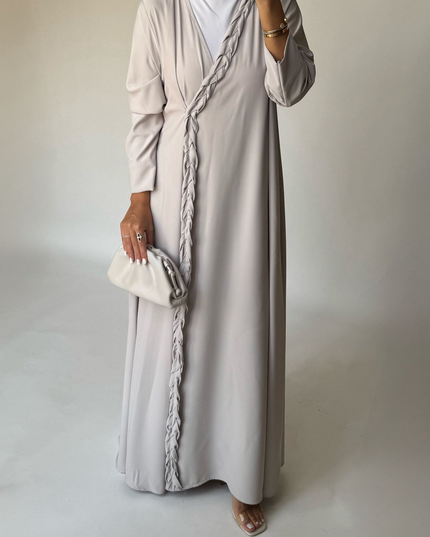 A465 - Dusty Cream Braided Crepe Abaya with Matching Head Scarf