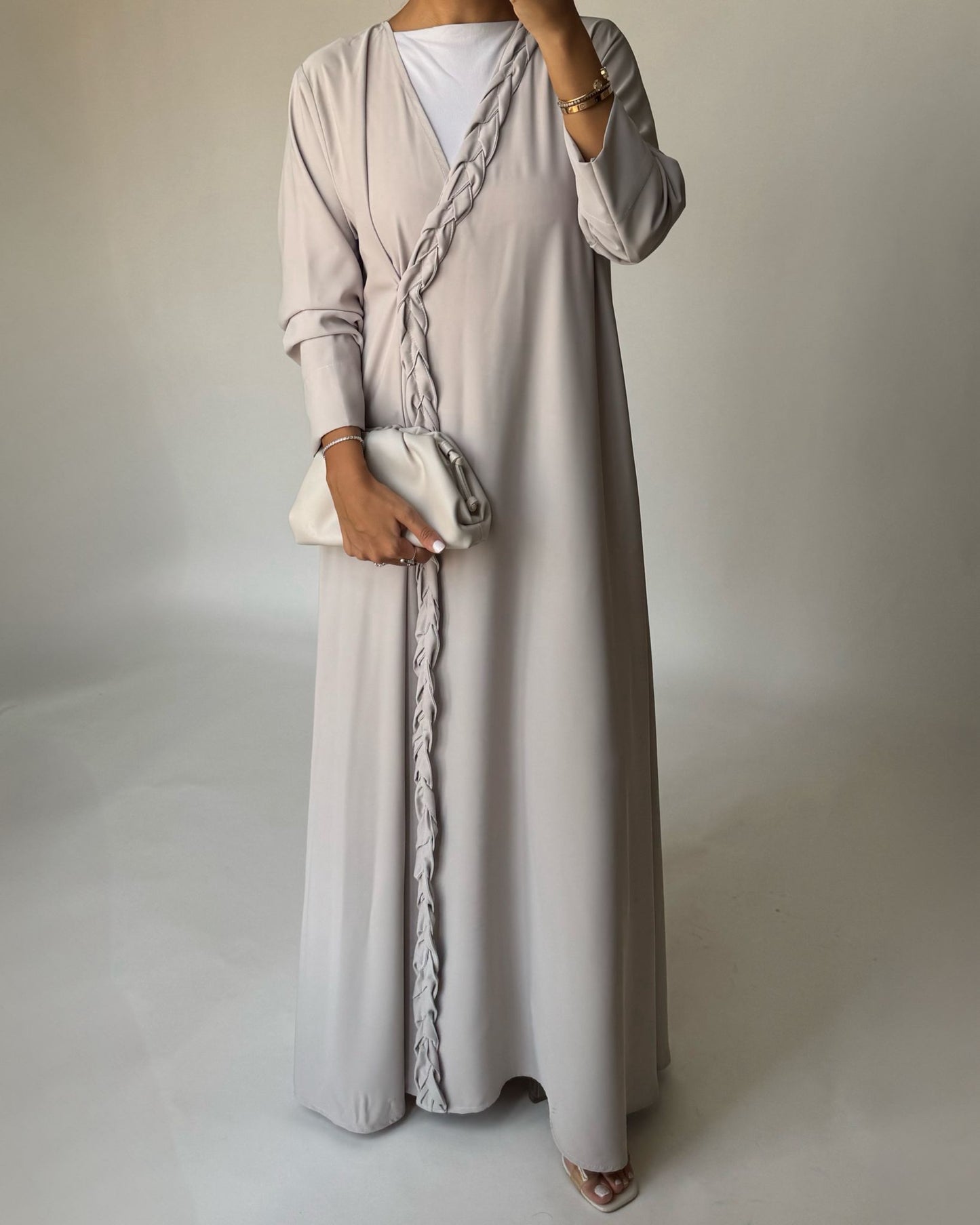 A465 - Dusty Cream Braided Crepe Abaya with Matching Head Scarf