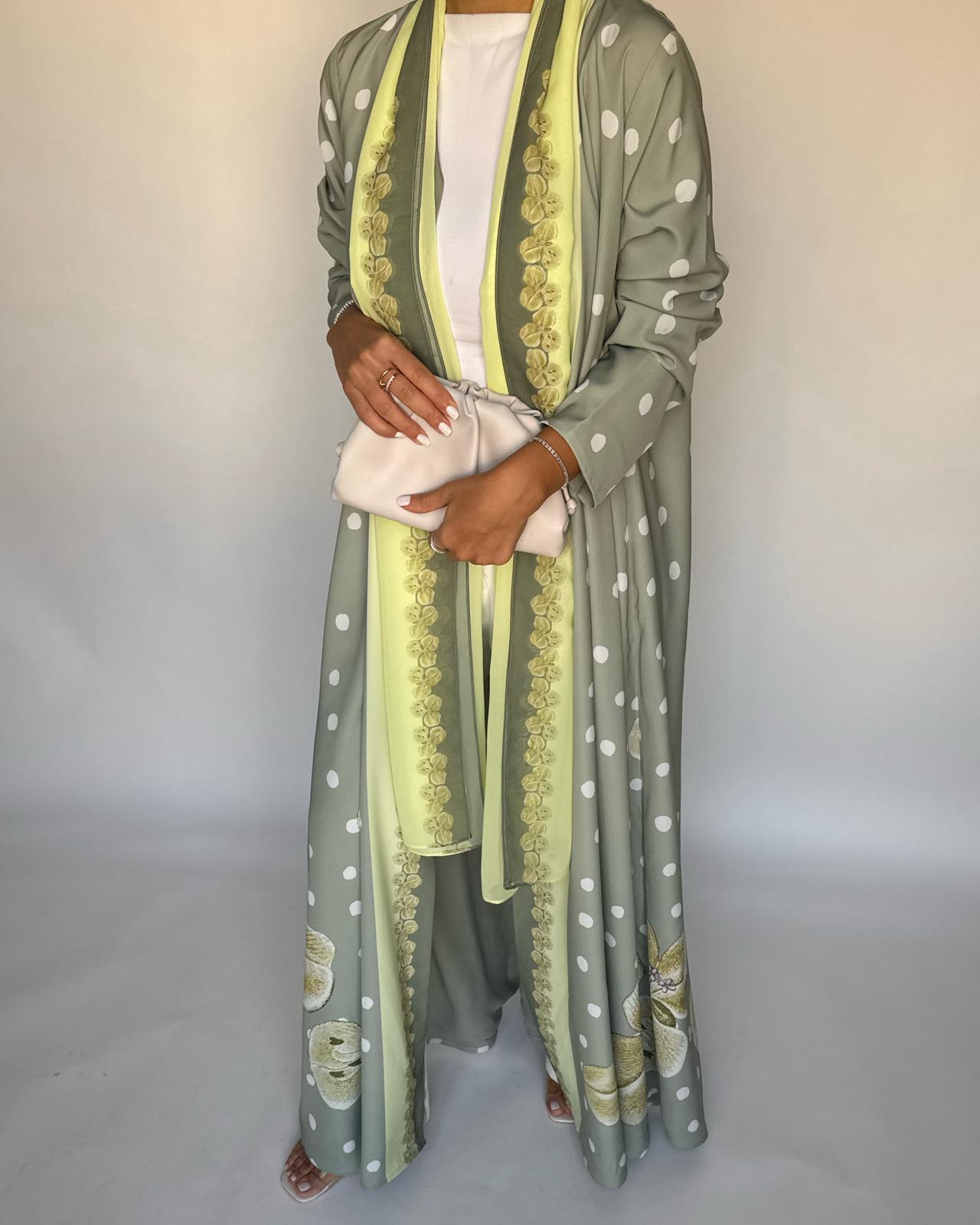 A470 - Green Polka Dot Flower A-Cut Crepe Abaya with Matching Head Scarf