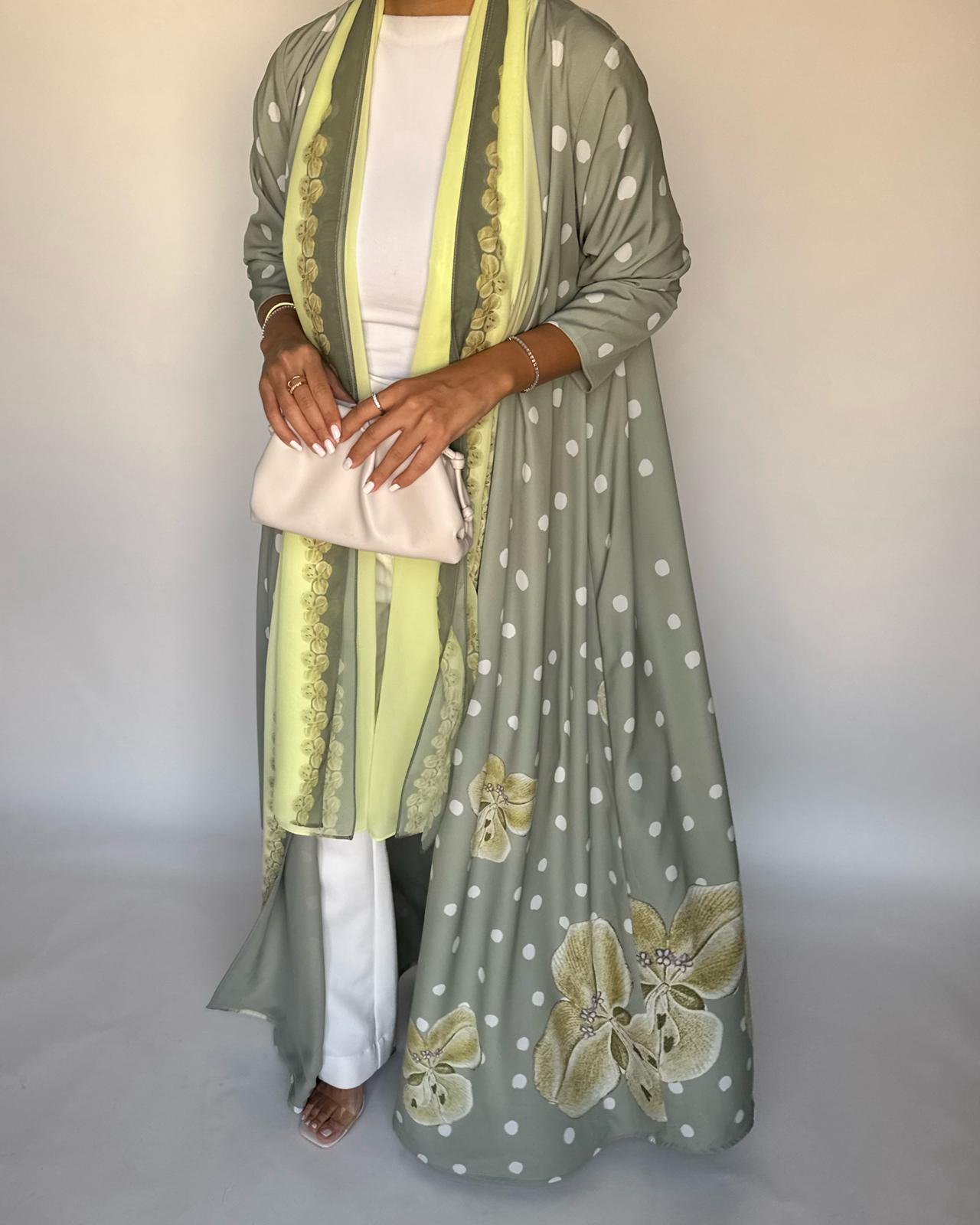 A470 - Green Polka Dot Flower A-Cut Crepe Abaya with Matching Head Scarf